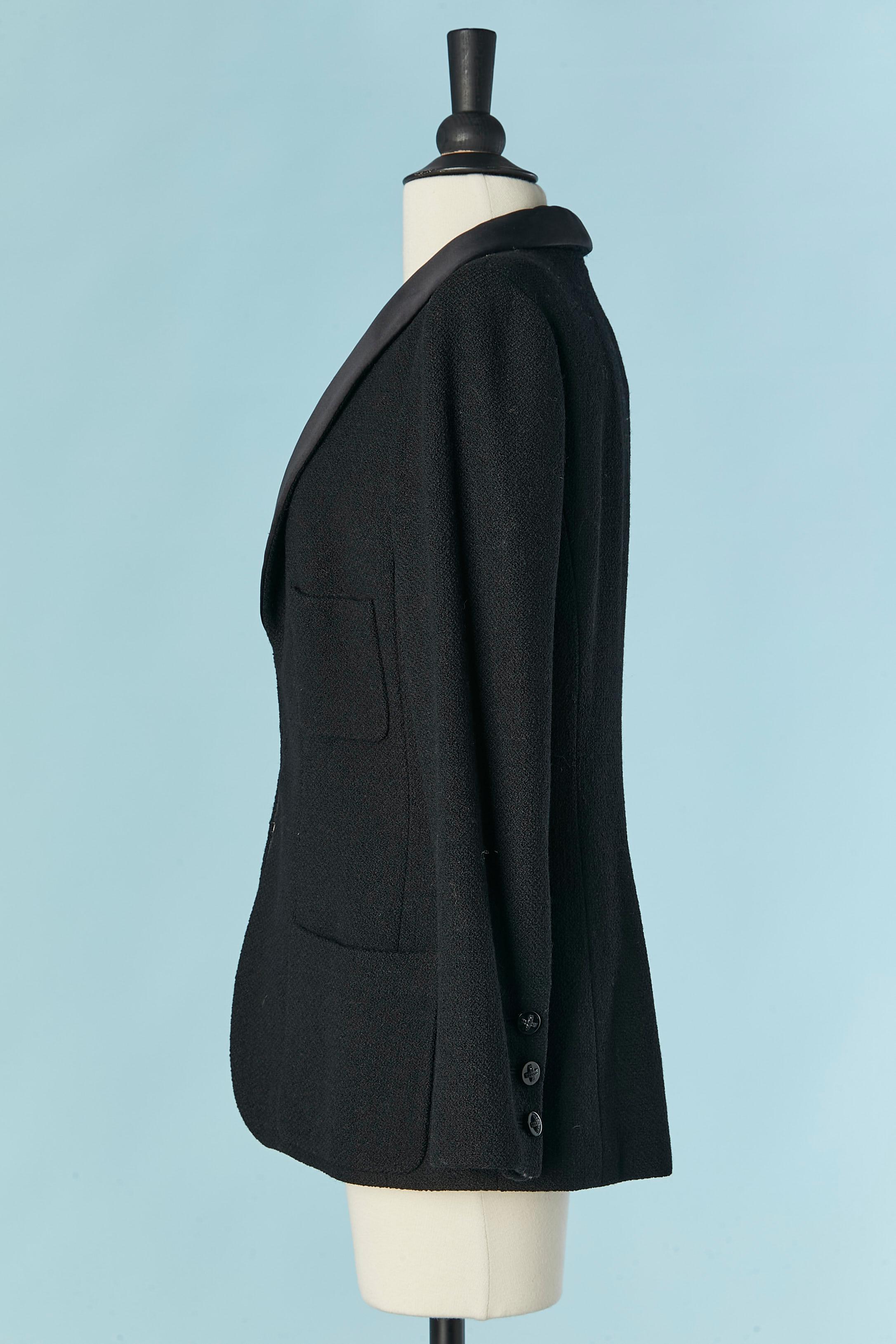 Black wool tweed edge to edge jacket with silk collar CHANEL For Sale 1