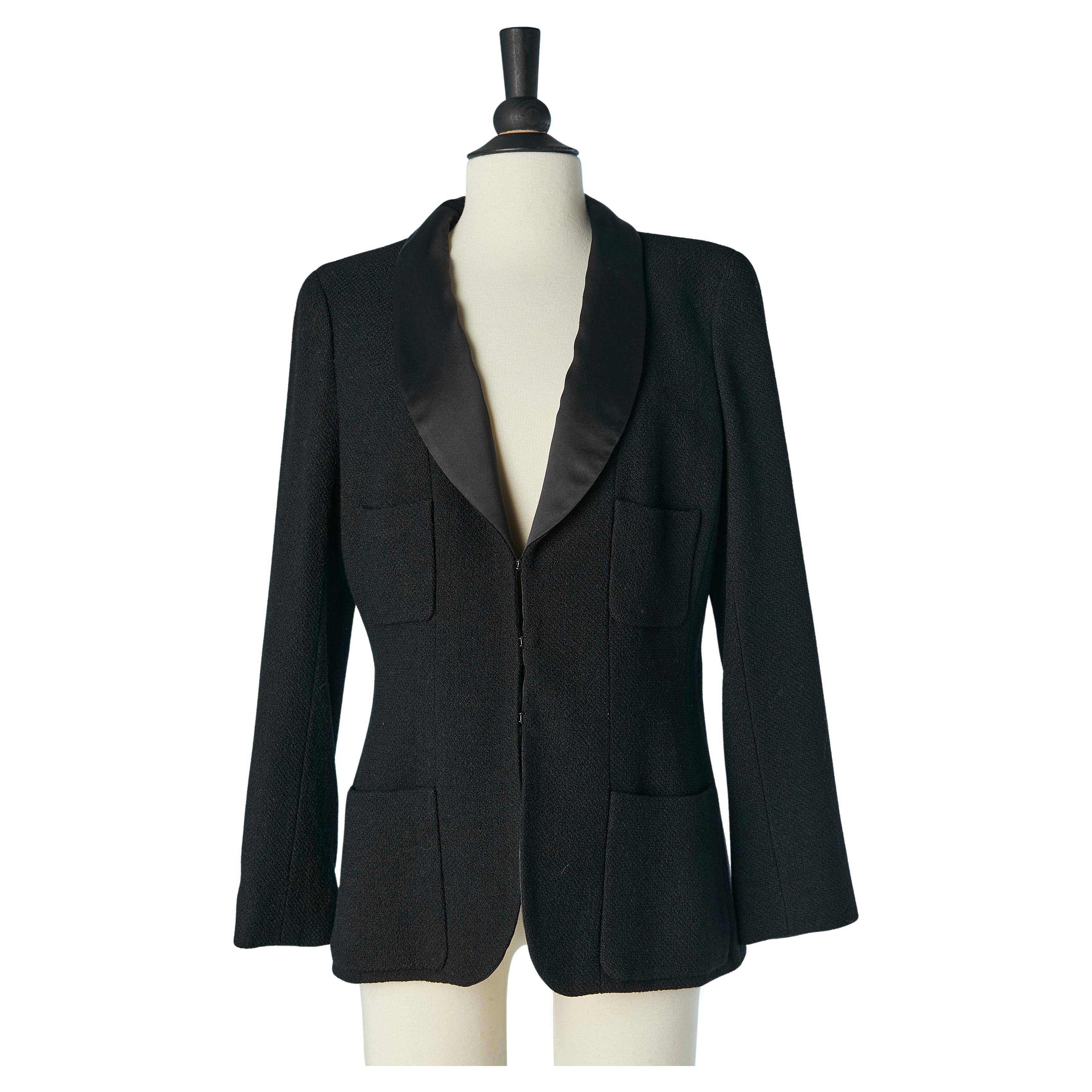Black wool tweed edge to edge jacket with silk collar CHANEL For Sale