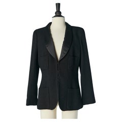 Black wool tweed edge to edge jacket with silk collar CHANEL