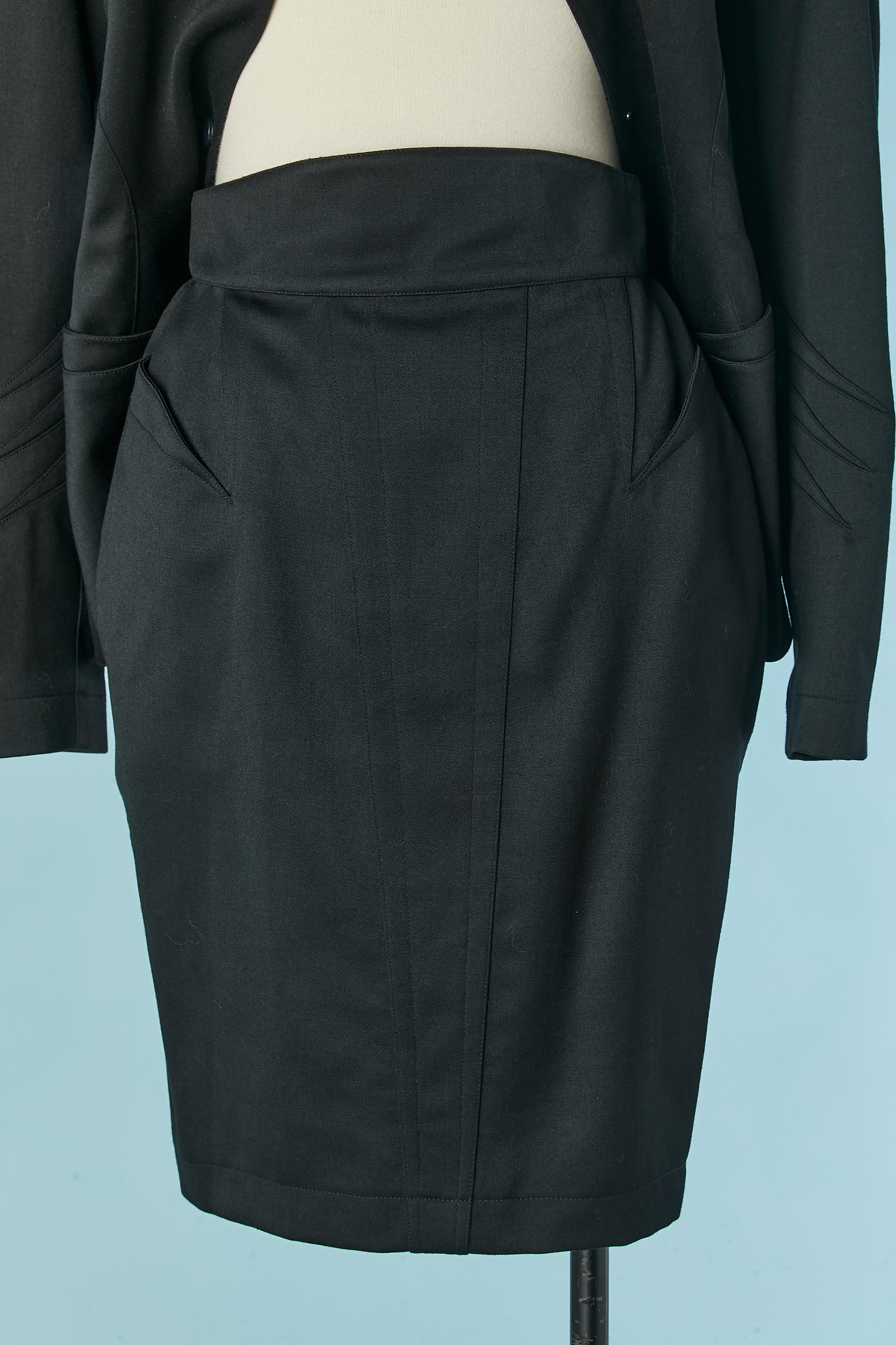Black worsted wool skirt-suit with cut-work Thierry Mugler for Bergdorf Goodman For Sale 4