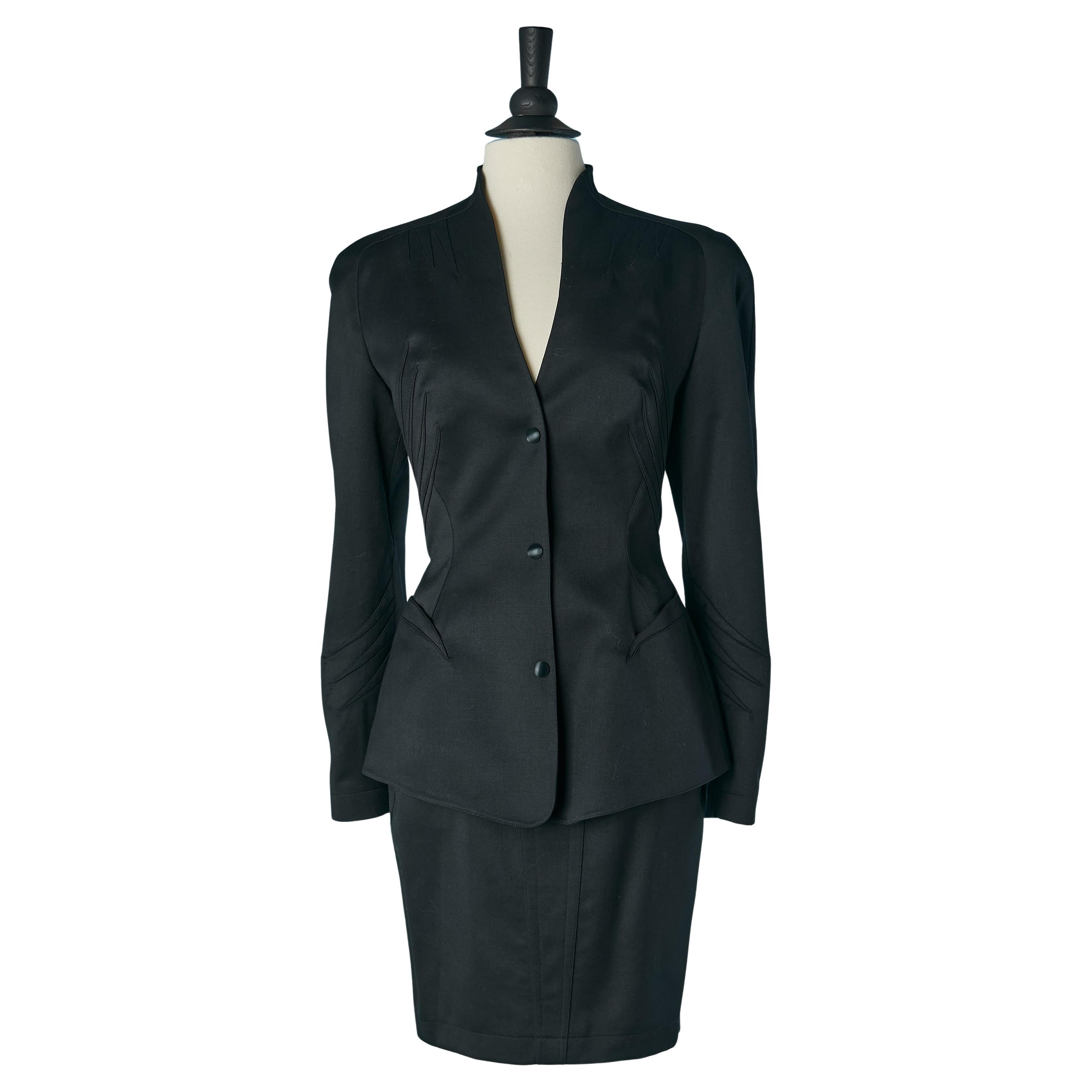 Black worsted wool skirt-suit with cut-work Thierry Mugler for Bergdorf Goodman For Sale