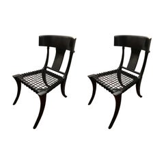 Black Woven Leather Seat Walnut Saber Legs Klismos Chairs Customizable Set of 2