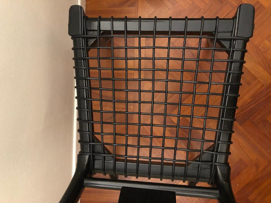 Italian Black Woven Leather Seat Walnut Saber Legs Klismos Dining Chairs Customizable For Sale