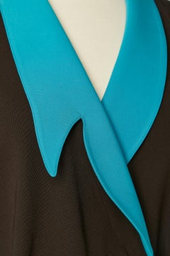 Dark brown  wrap dress in wool with turquoise collar and cuffs Thierry Mugler