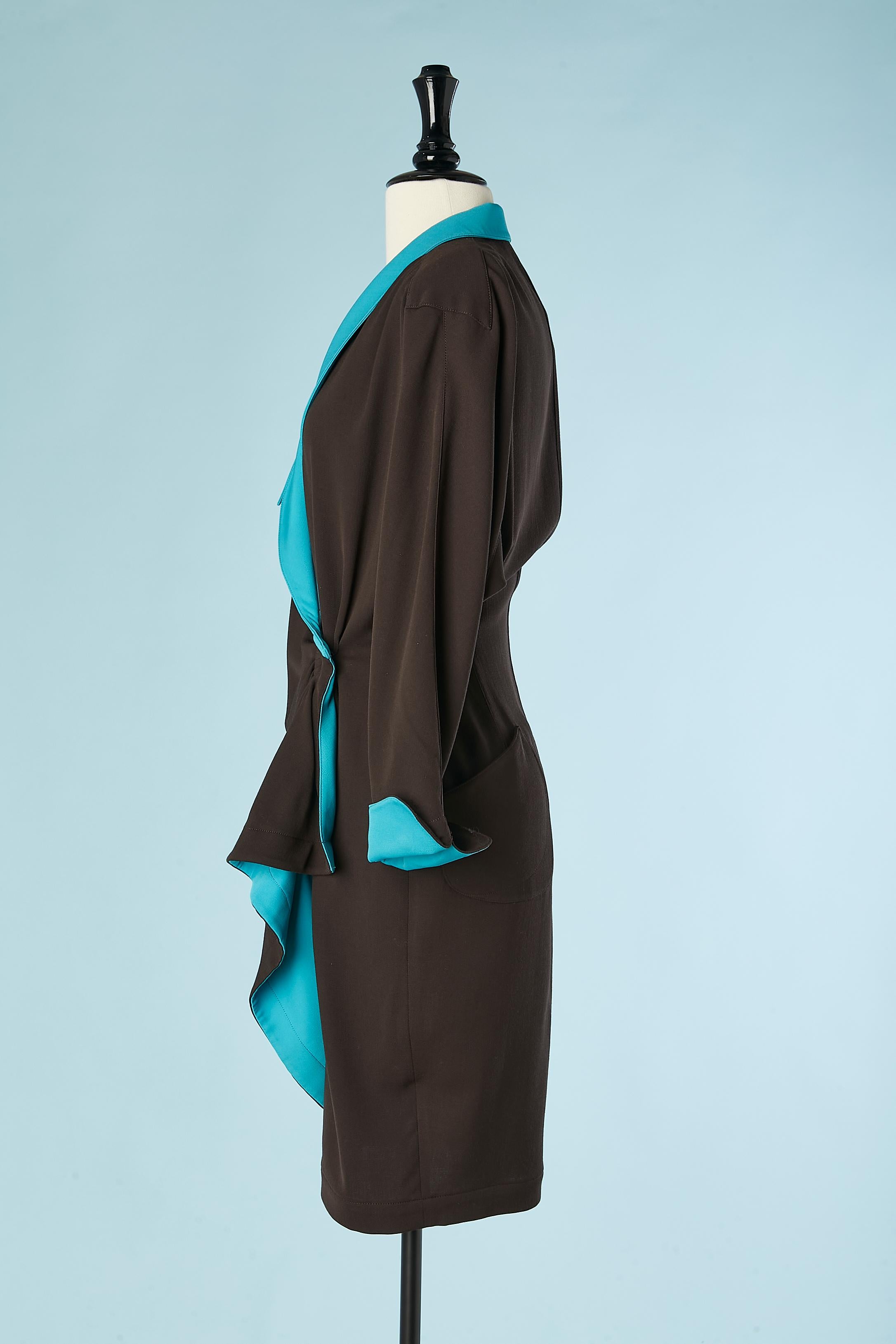 Dark brown  wrap dress in wool with turquoise collar and cuffs Thierry Mugler  For Sale 1