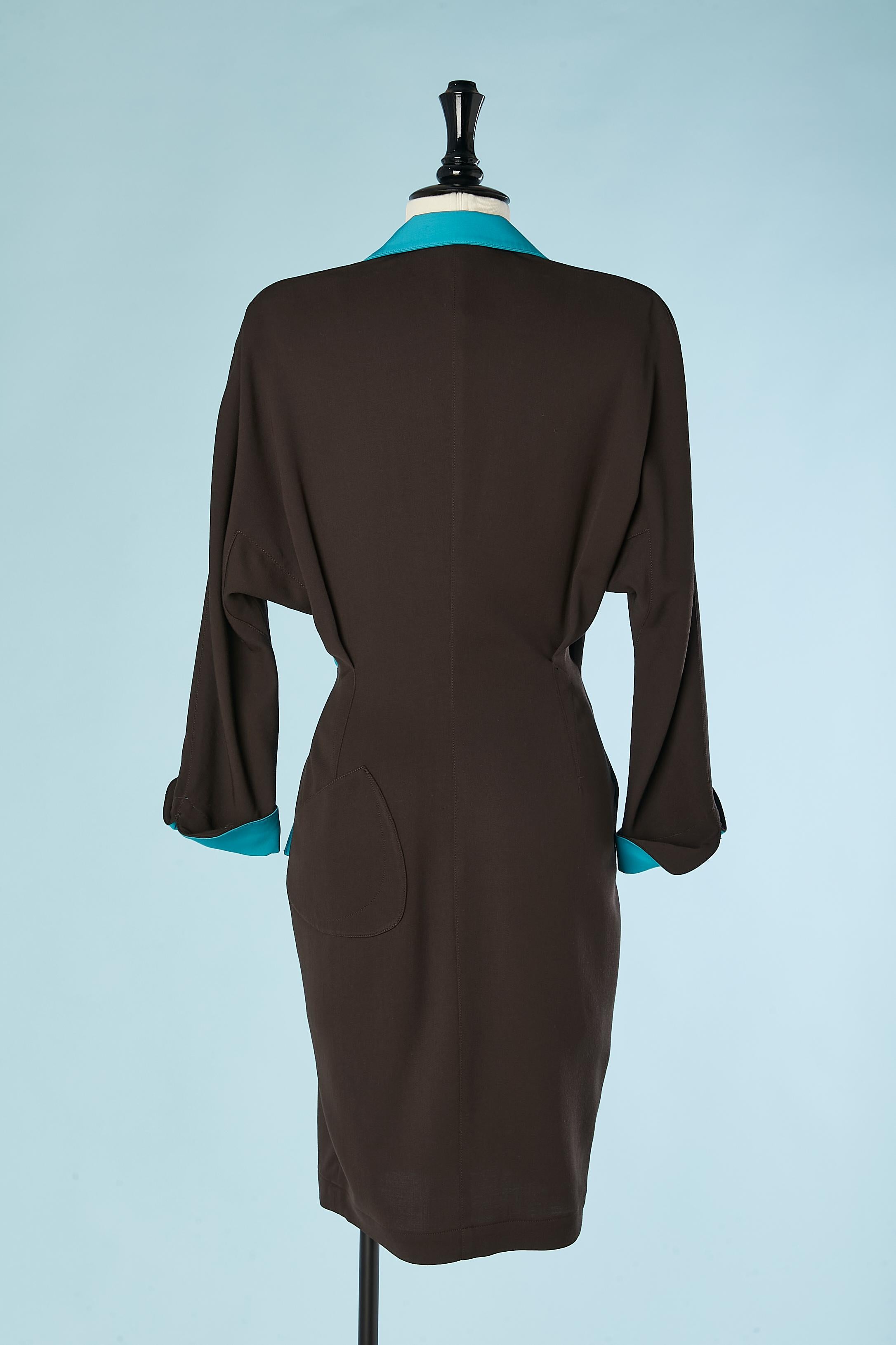 Dark brown  wrap dress in wool with turquoise collar and cuffs Thierry Mugler  For Sale 2