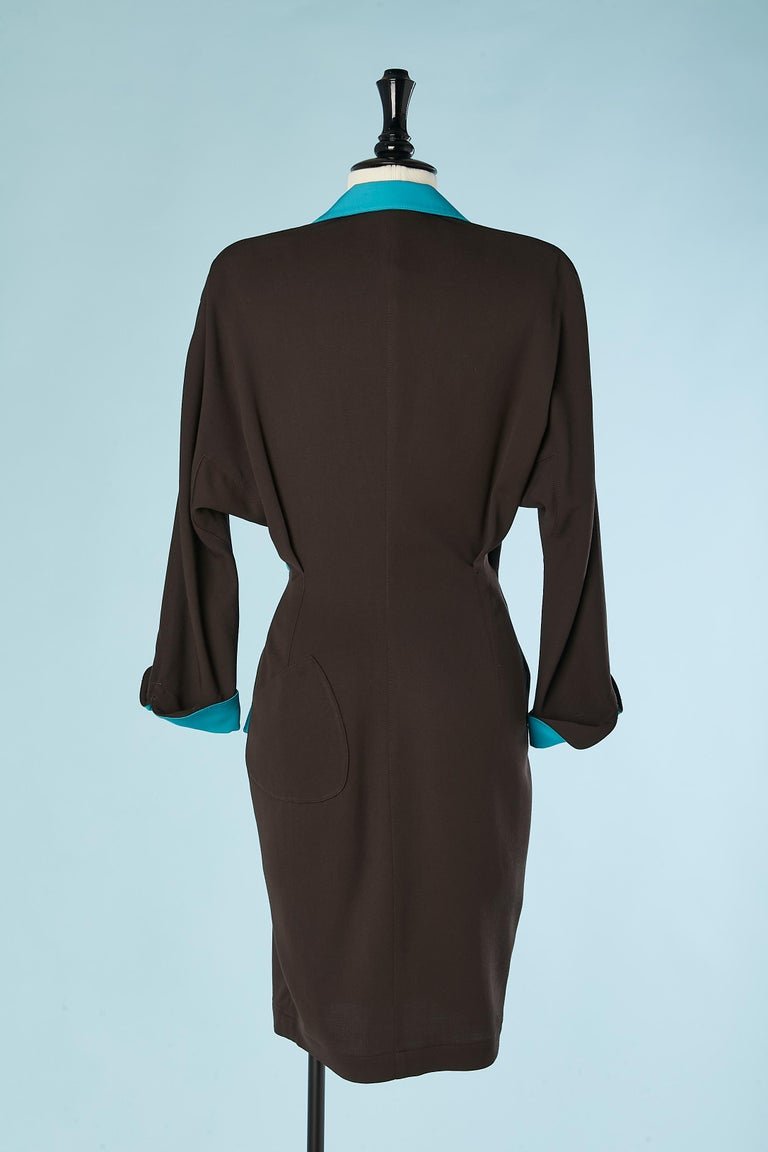 Dark brown wrap dress in wool with turquoise collar and cuffs Thierry  Mugler For Sale at 1stDibs