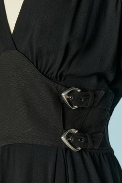 Black wrap dress made of 2 different fabric and close with buckle Thierry Mugler