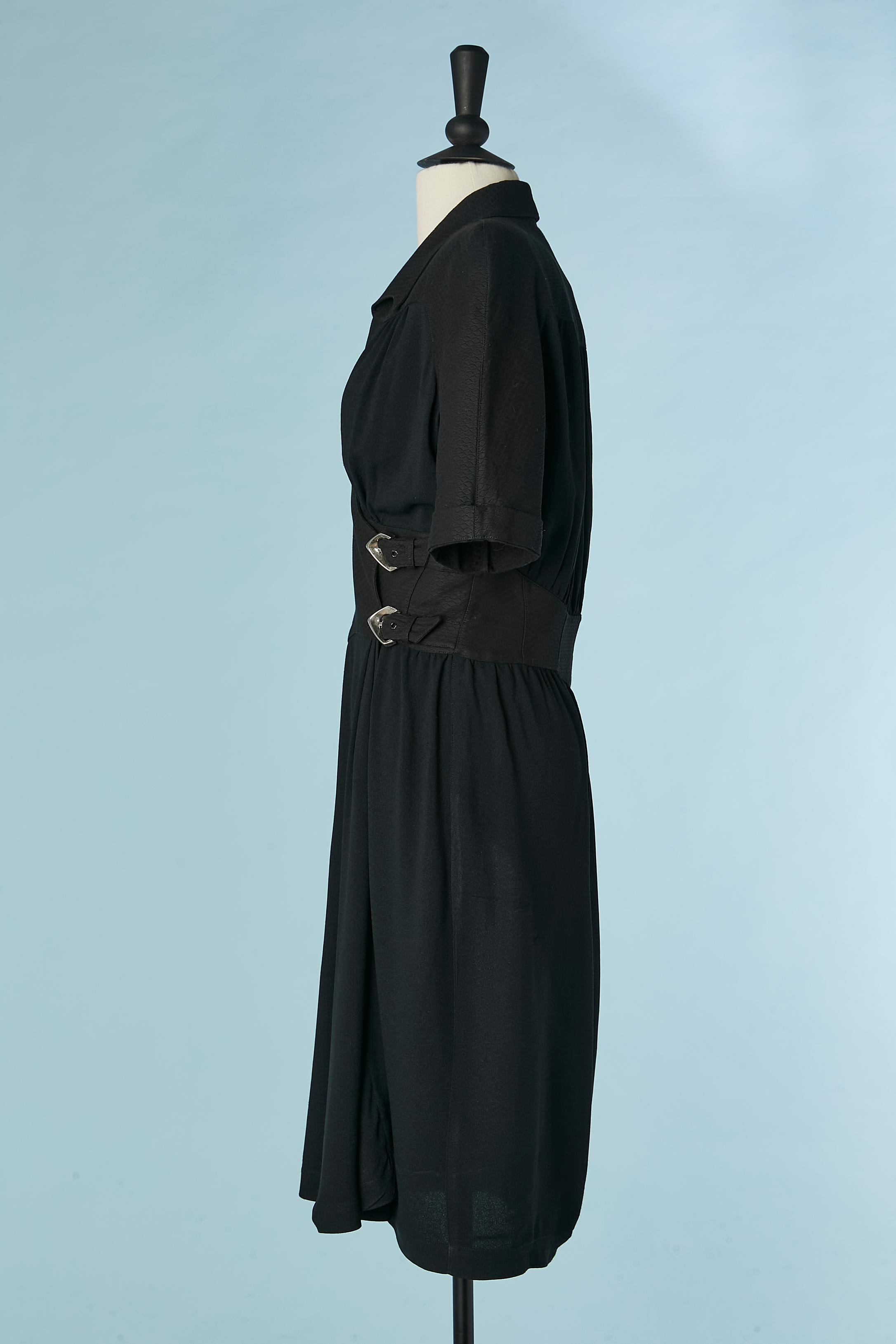 Black wrap dress made of 2 different fabric and close with buckle Thierry Mugler For Sale 1