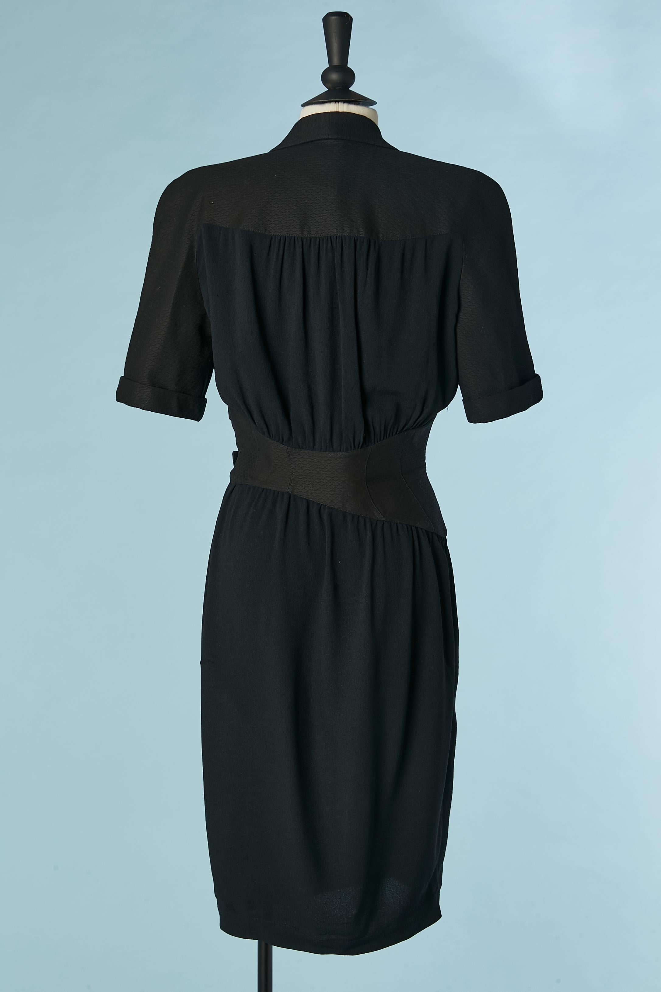Black wrap dress made of 2 different fabric and close with buckle Thierry Mugler For Sale 2