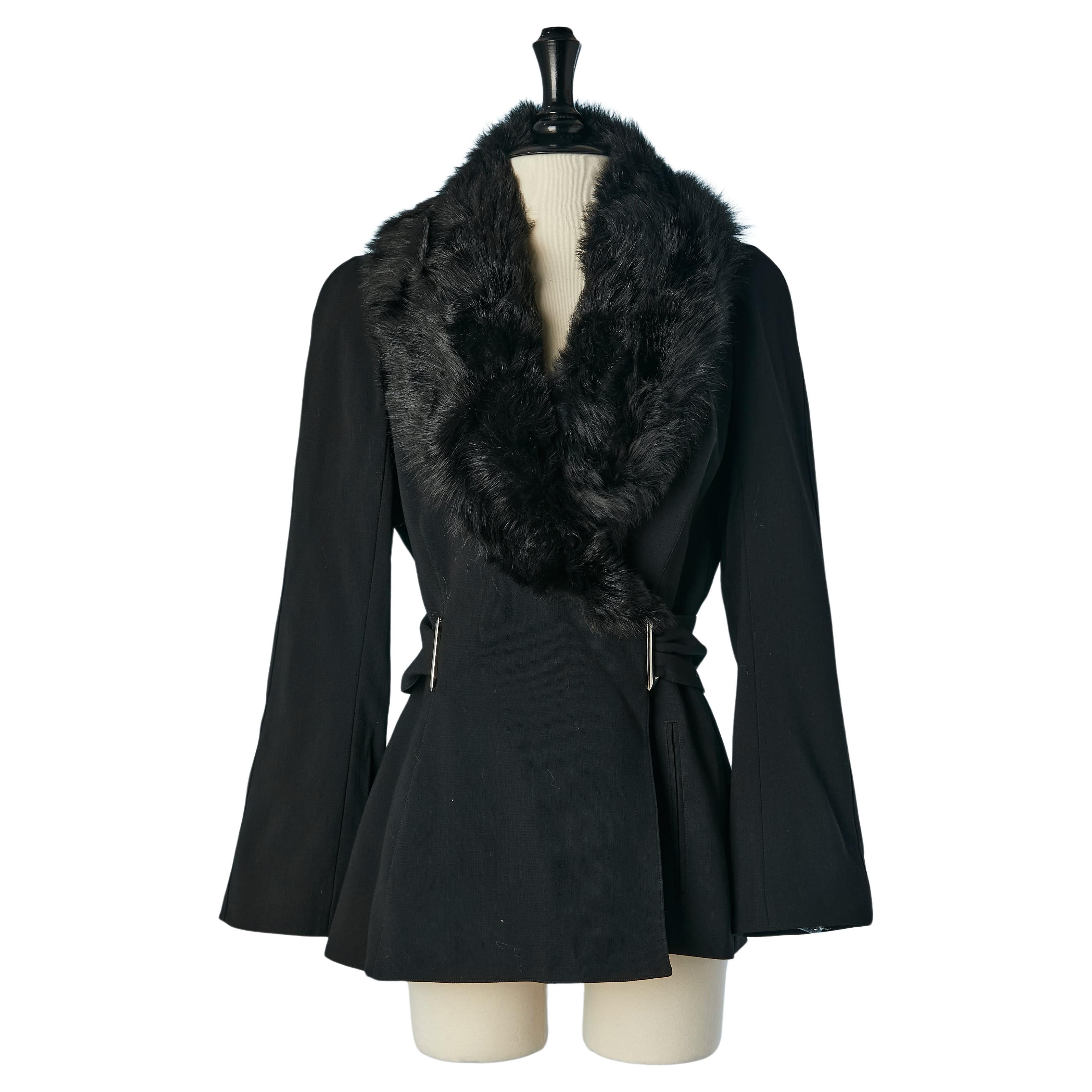 Black wrap jacket with detachable fur collar Thierry Mugler  For Sale