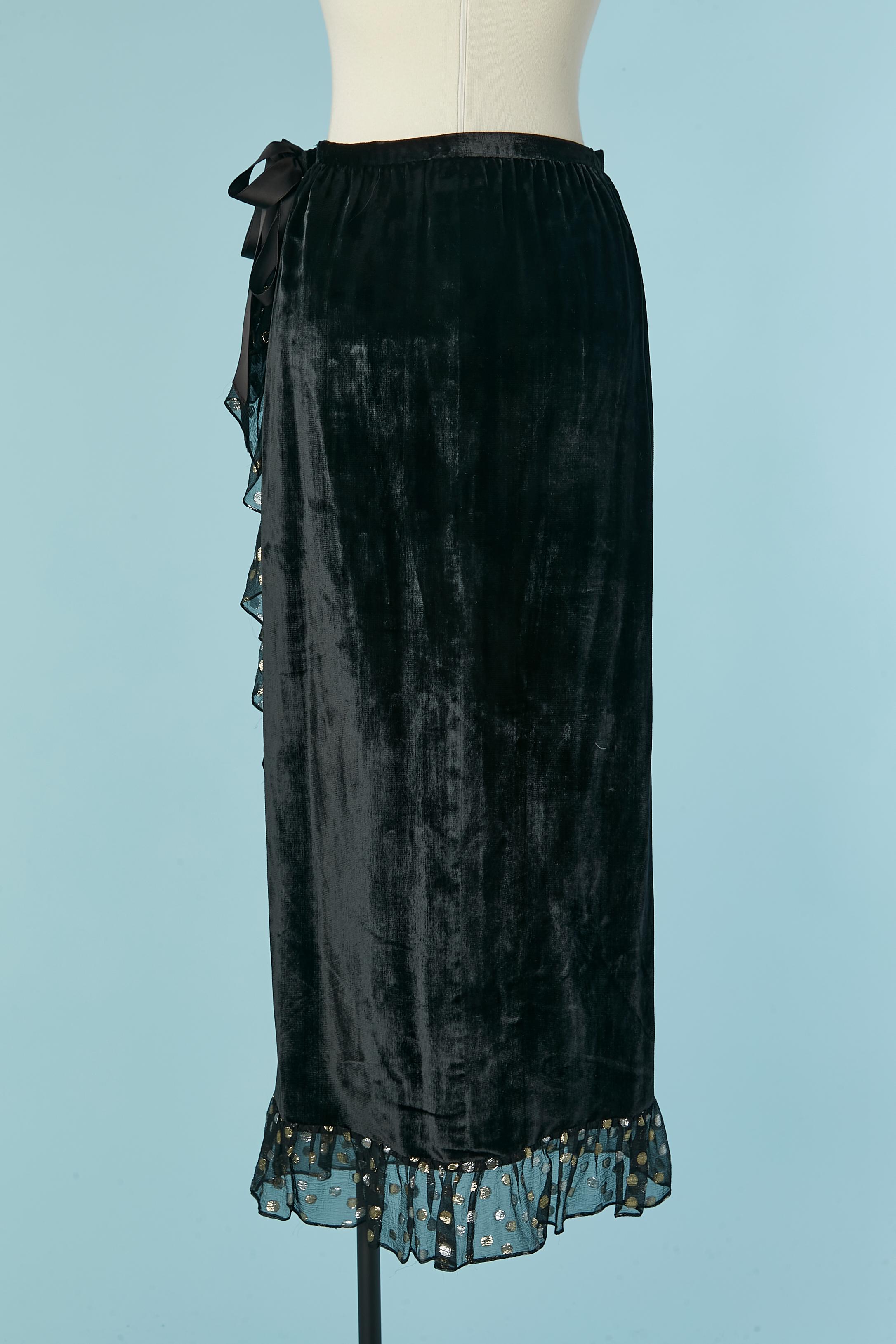 Gonna nera in velluto con bordo in chiffon e volant in lurex YSL Rive Gauche in vendita 2
