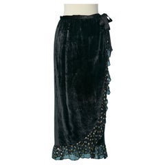 Gonna nera in velluto con bordo in chiffon e volant in lurex YSL Rive Gauche