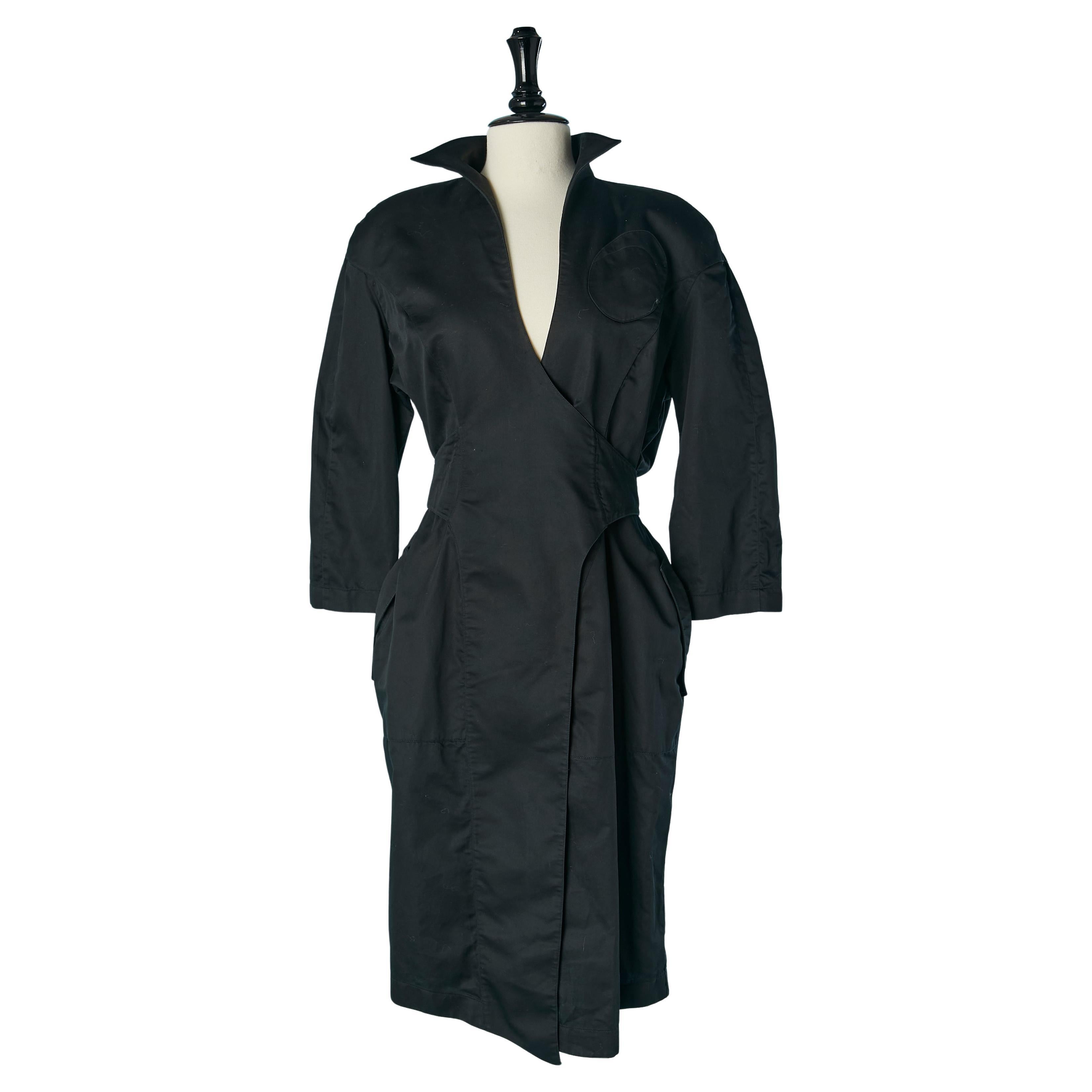 Black wrapped cotton dress Thierry Mugler For Sale