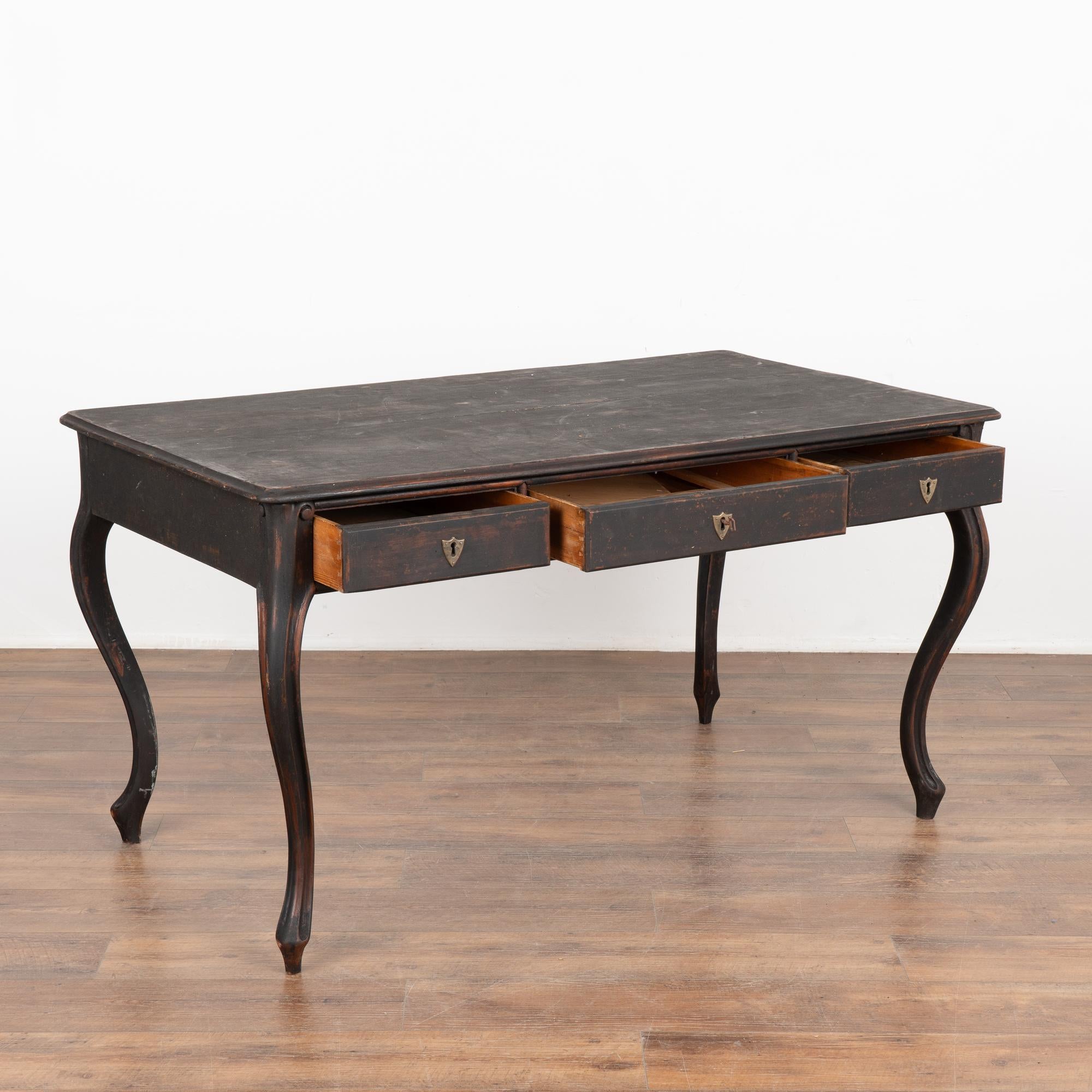 French Provincial Black Writing Table Desk With Three Drawers, Sweden circa 1900