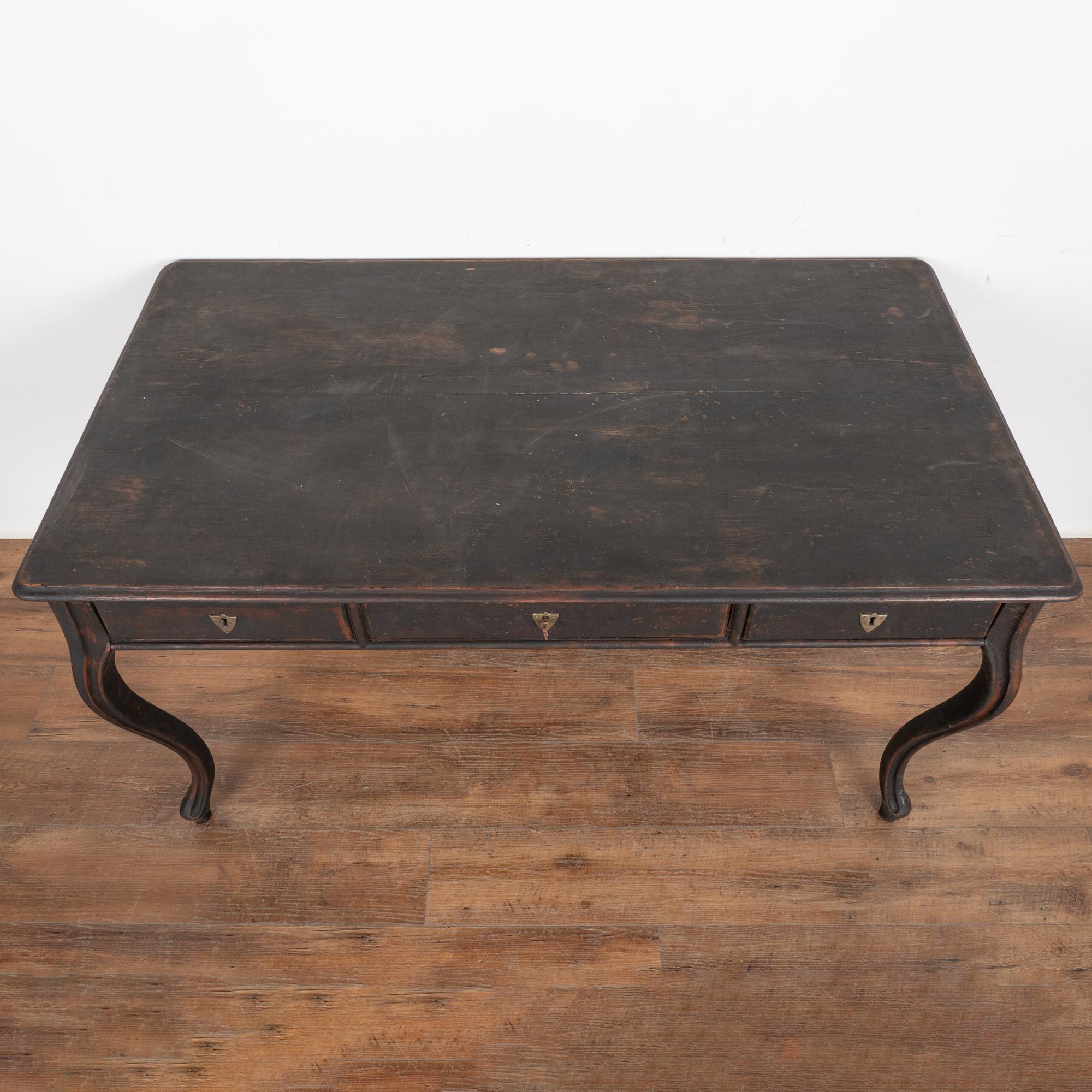 Black Writing Table Desk With Three Drawers, Sweden circa 1900 In Good Condition In Round Top, TX