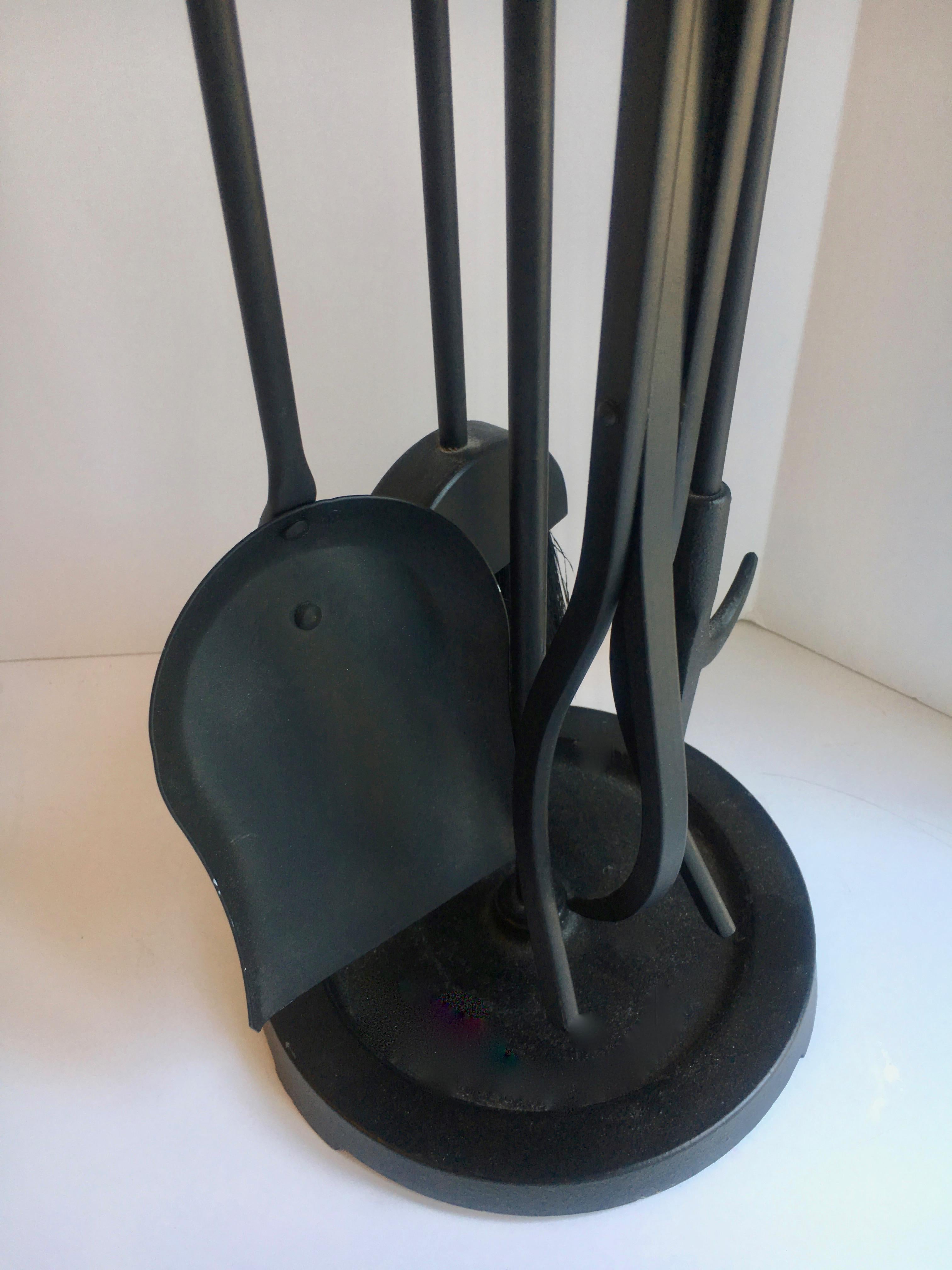 Modern Black Wrought Iron and Brass Fireplace Tools with Stand