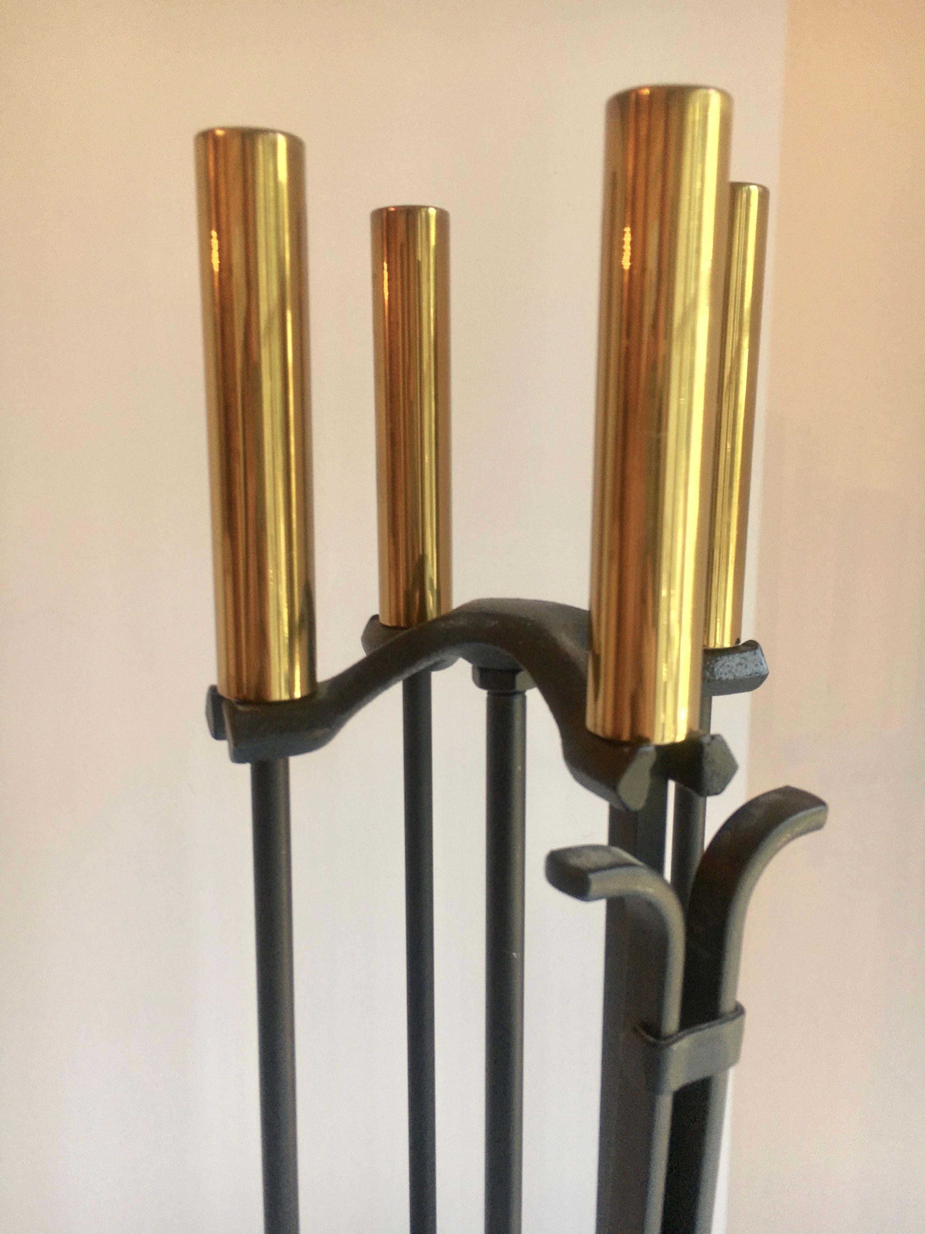 Black Wrought Iron and Brass Fireplace Tools with Stand 1