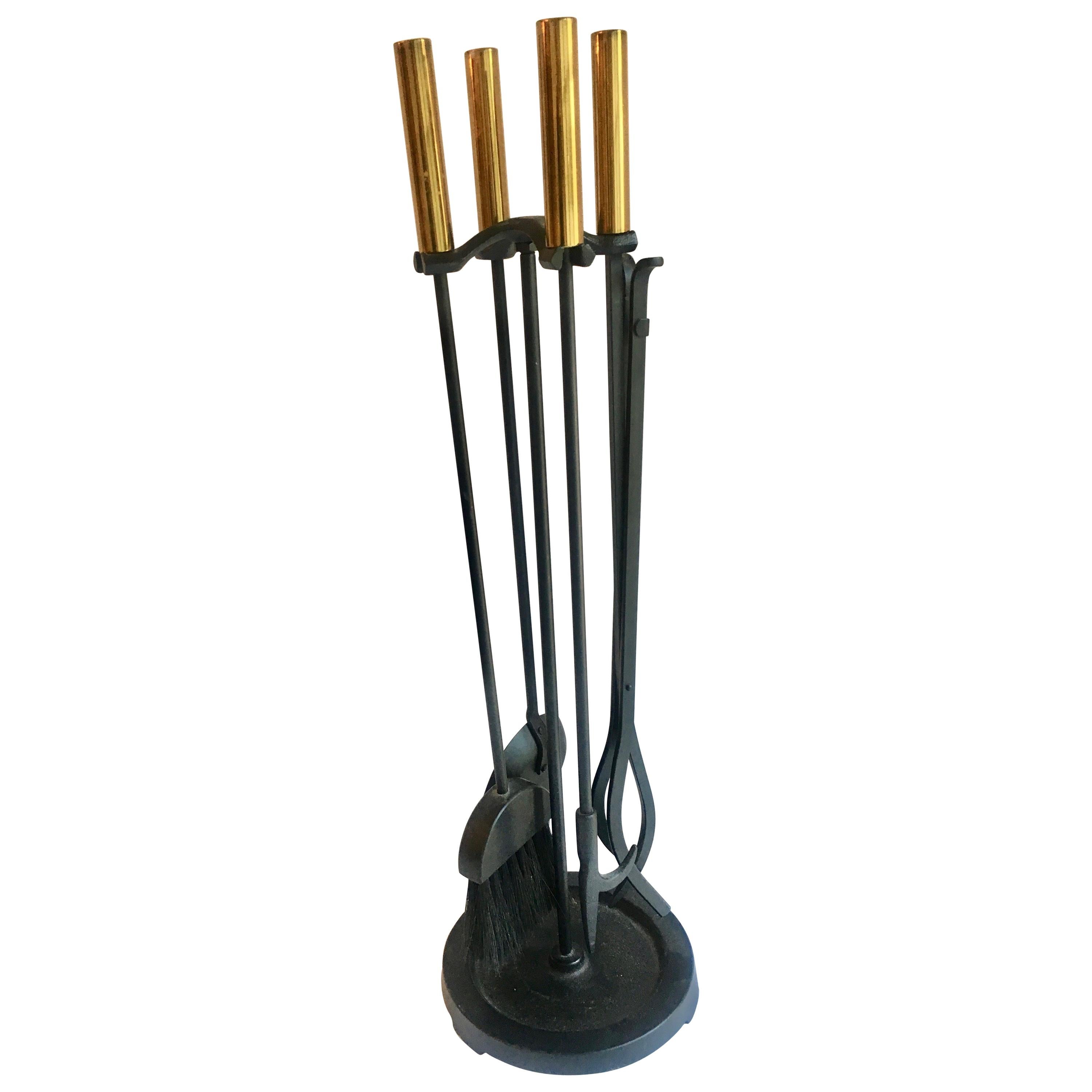 Black Wrought Iron and Brass Fireplace Tools with Stand