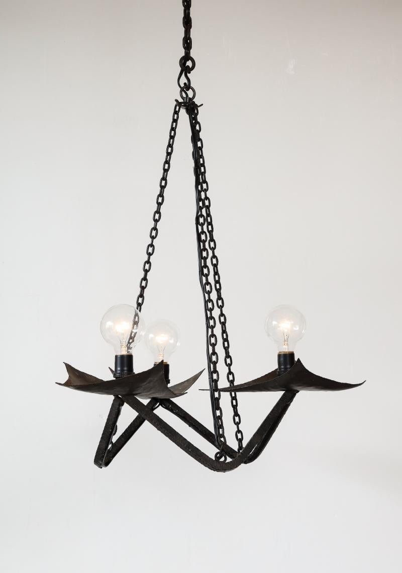 Modern Black Wrought Iron Chandelier in the Manner of Raymond Subes, 20th Century