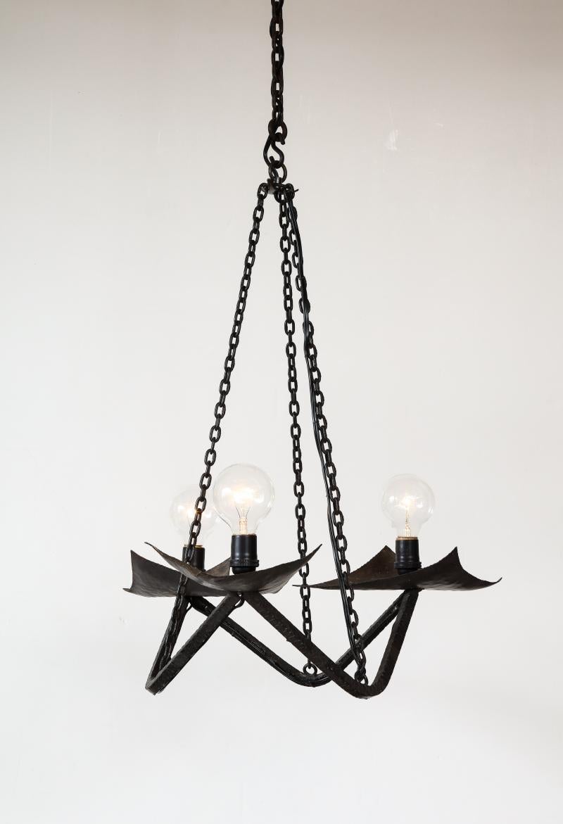 Black Wrought Iron Chandelier in the Manner of Raymond Subes, 20th Century In Excellent Condition For Sale In New York City, NY