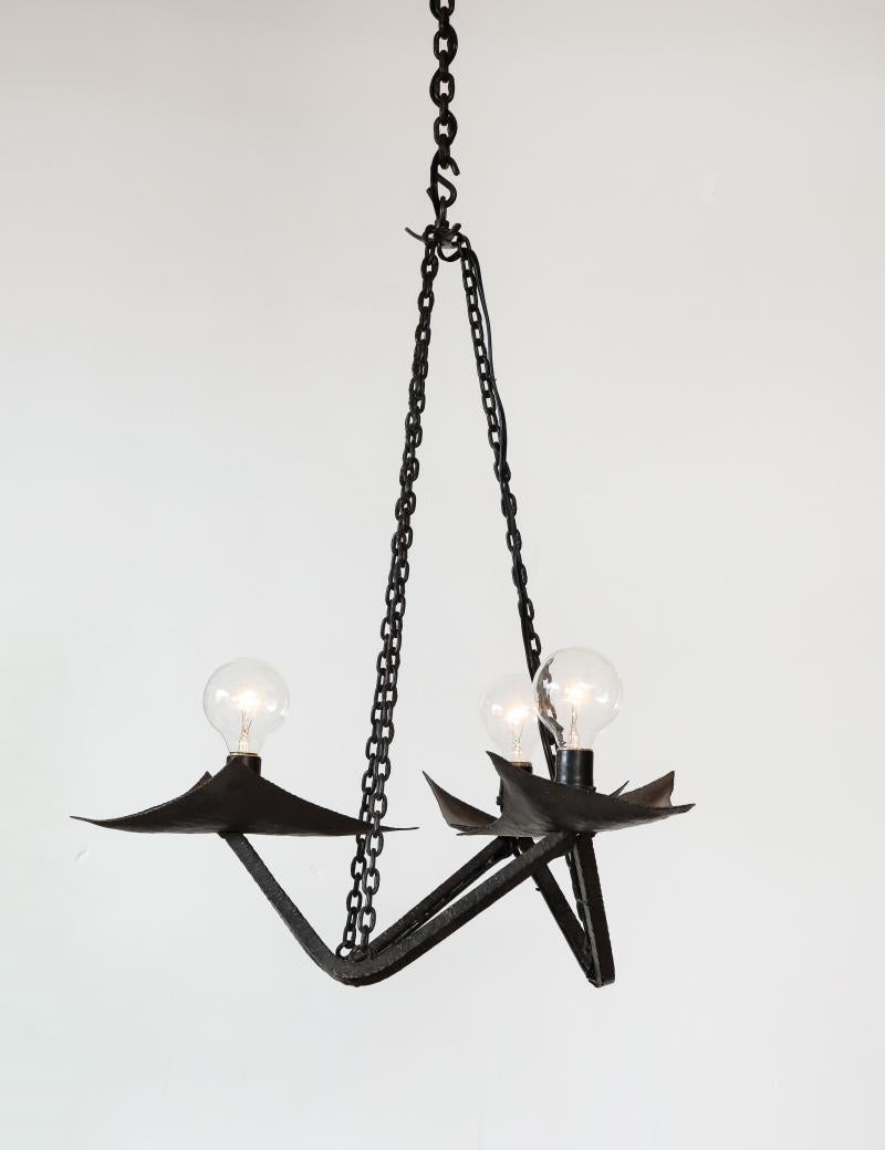 Black Wrought Iron Chandelier in the Manner of Raymond Subes, 20th Century For Sale 1
