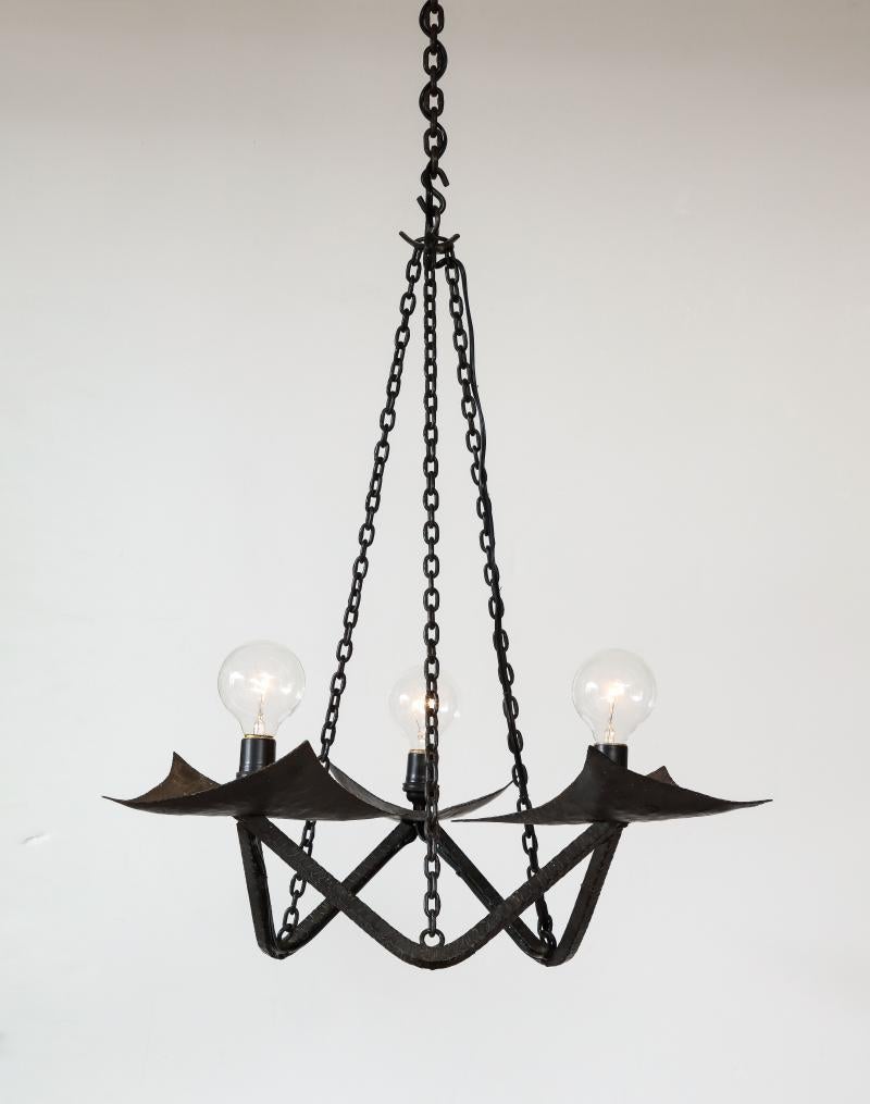 Black Wrought Iron Chandelier in the Manner of Raymond Subes, 20th Century For Sale 2