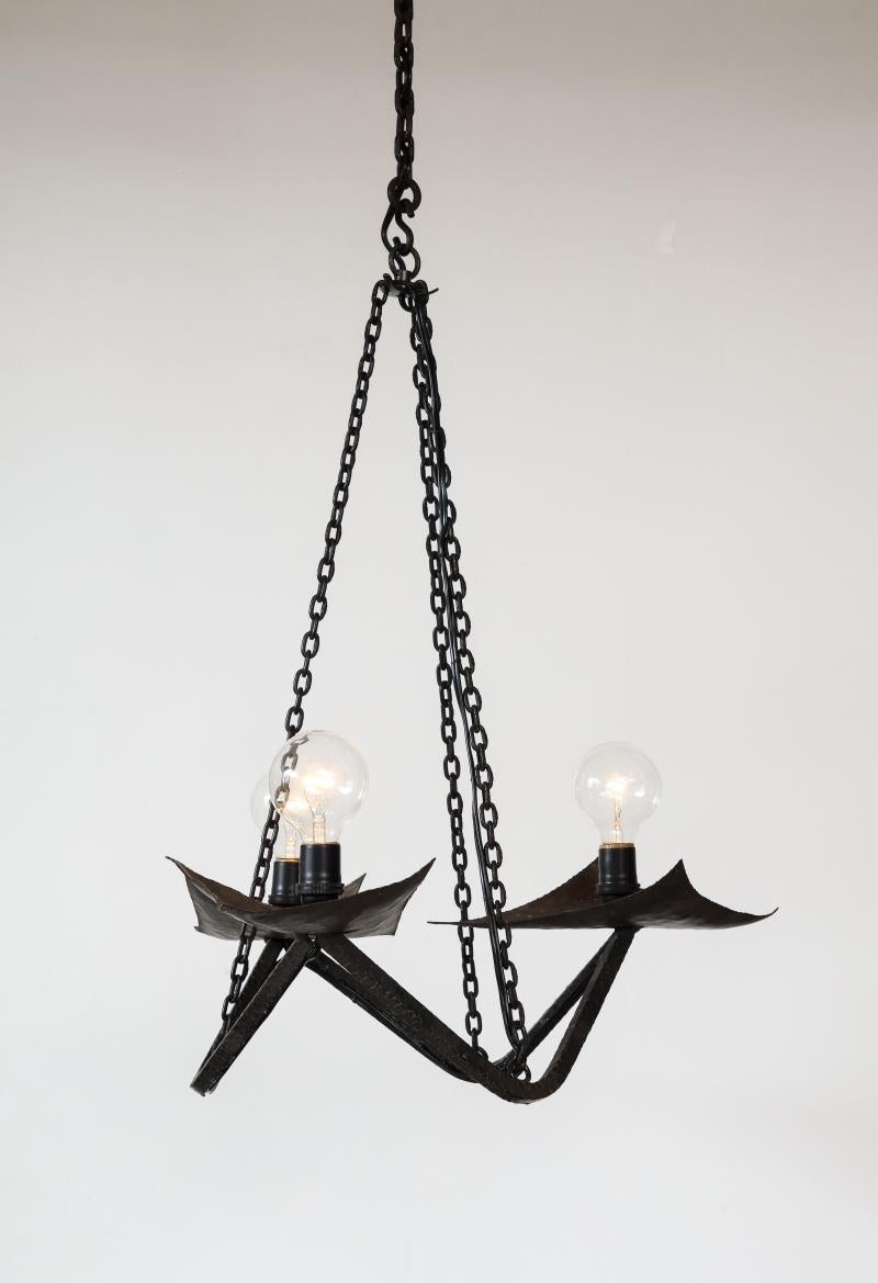 Black Wrought Iron Chandelier in the Manner of Raymond Subes, 20th Century For Sale 3