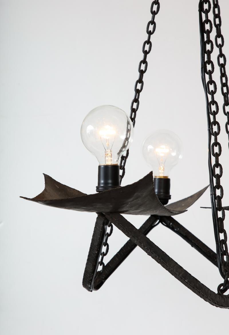 Black Wrought Iron Chandelier in the Manner of Raymond Subes, 20th Century 4