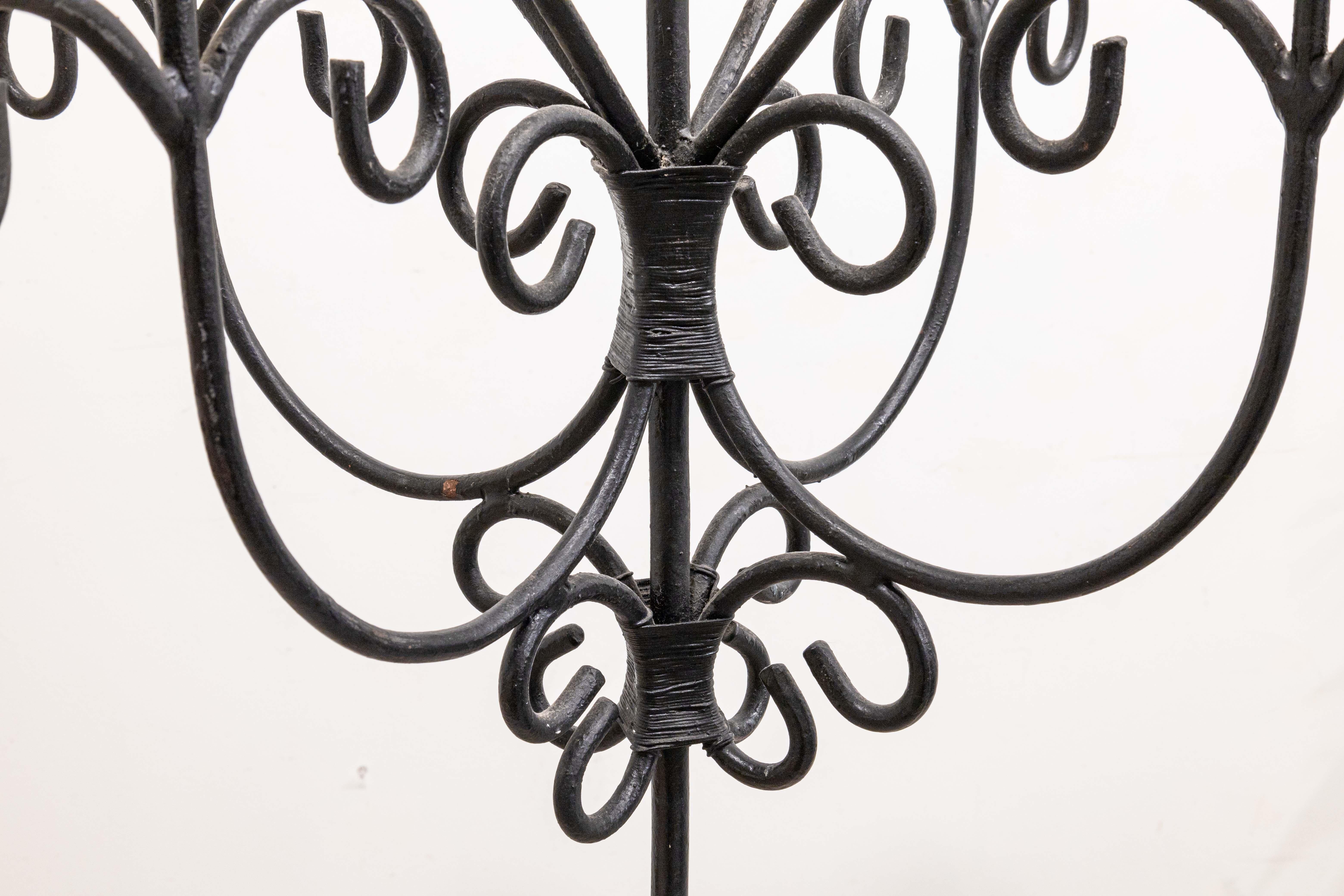 20th Century Black Wrought Iron Gothic Free Standing Candelabra For Sale