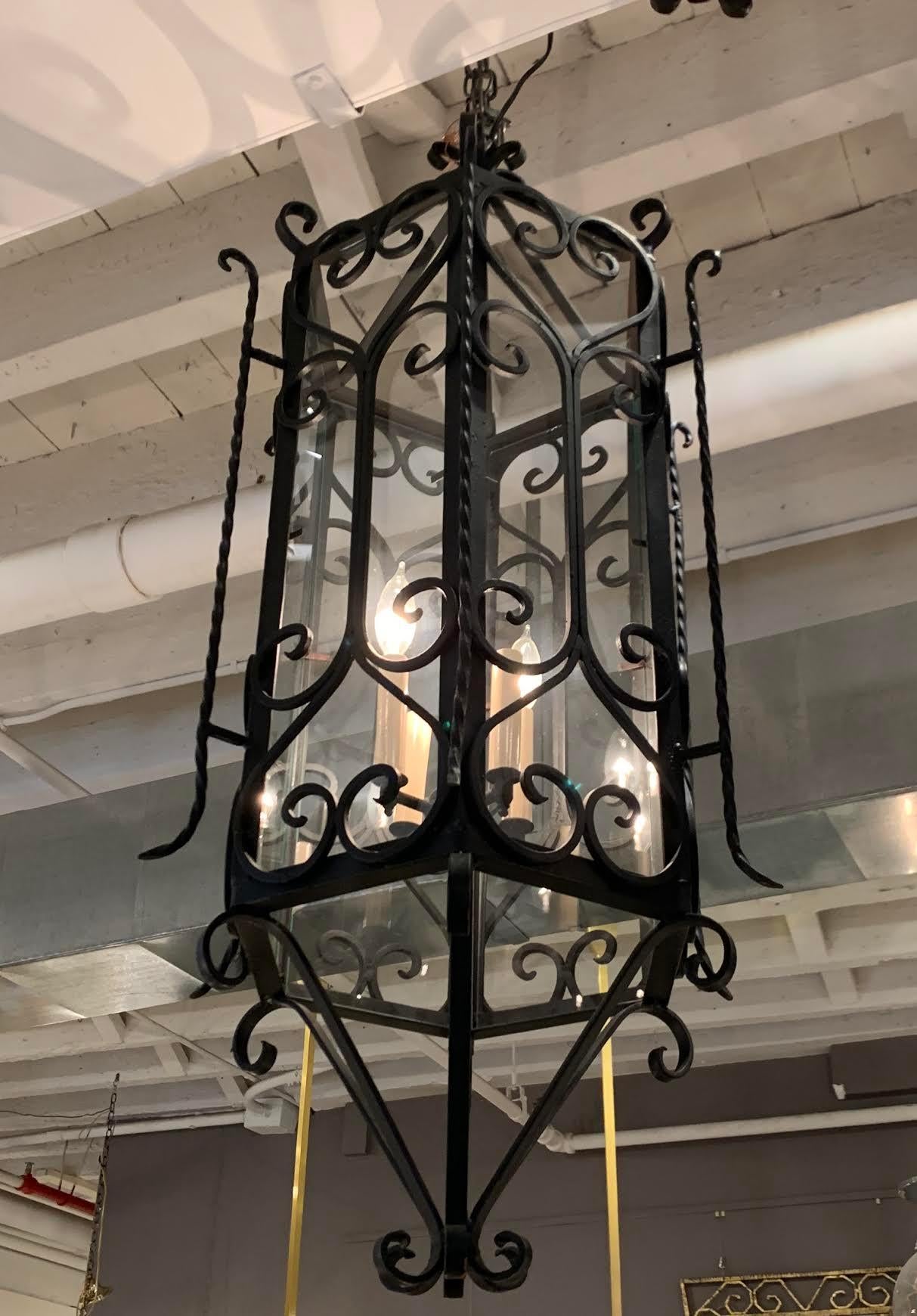 American Black Wrought Iron Pair of Lanterns, 1950s For Sale