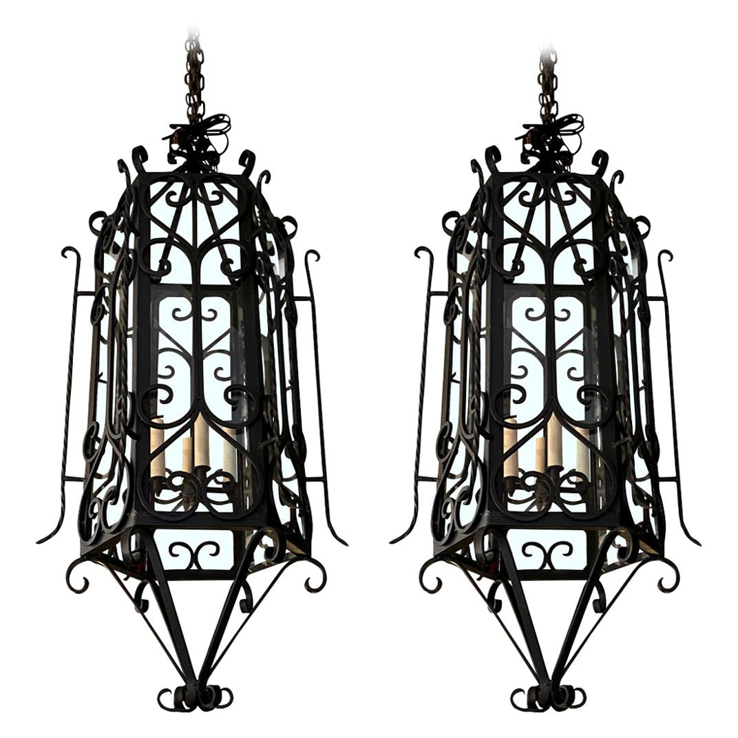 Black Wrought Iron Pair of Lanterns, 1950s For Sale