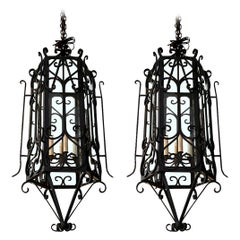 Retro Black Wrought Iron Pair of Lanterns, 1950s