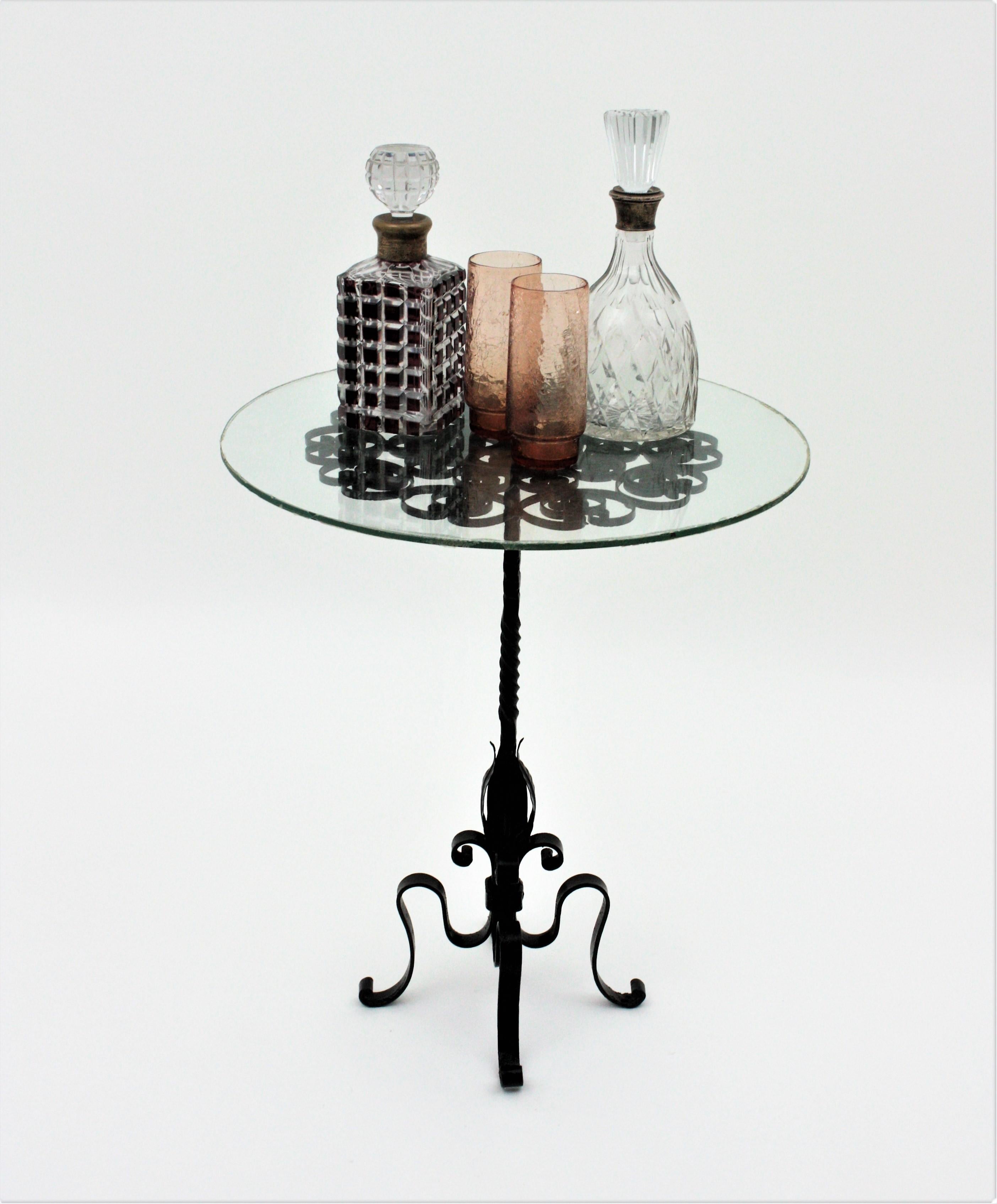 Black Wrought Iron Pedestal Drinks Table with Scrollwork Top 3
