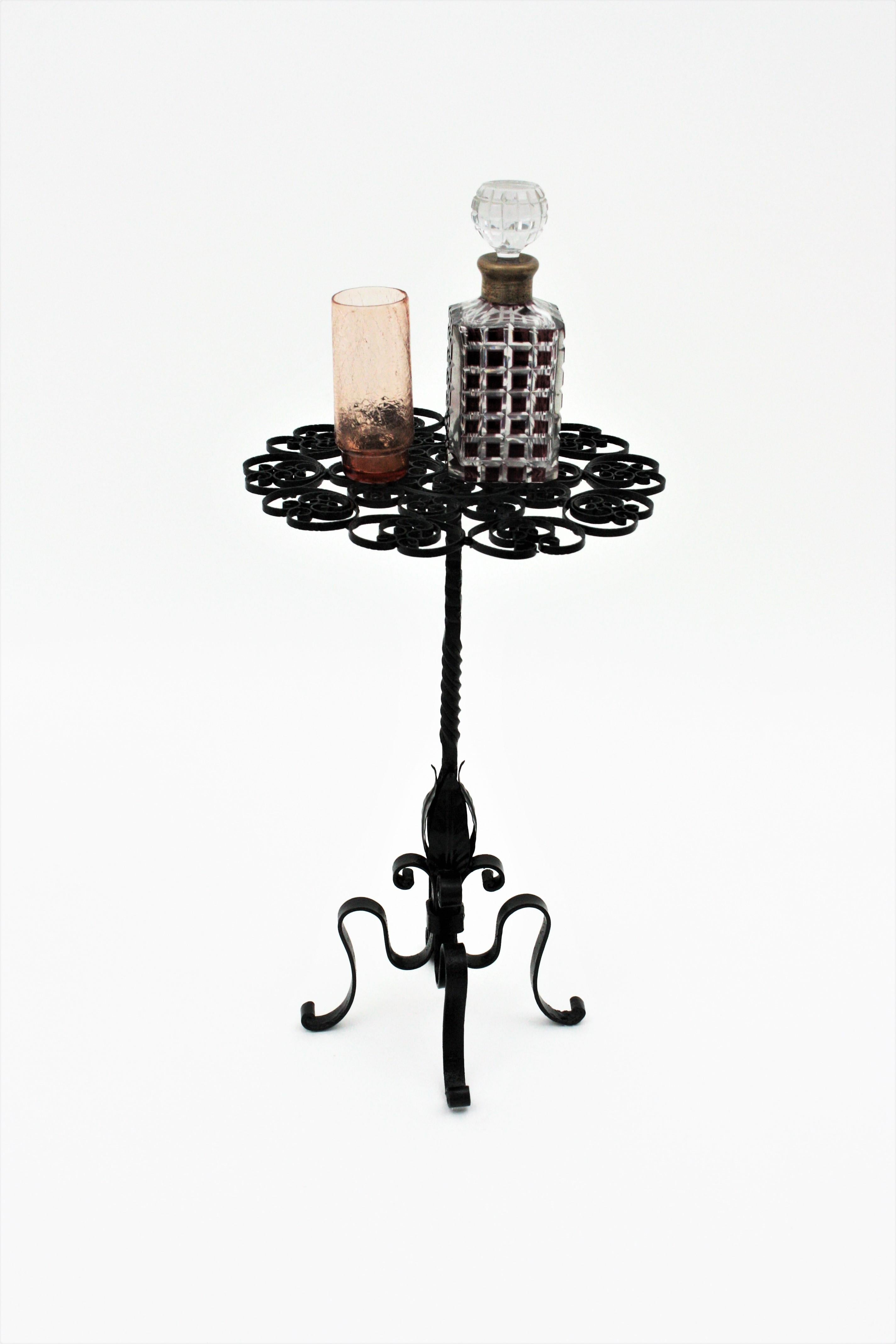 Black Wrought Iron Pedestal Drinks Table with Scrollwork Top 5