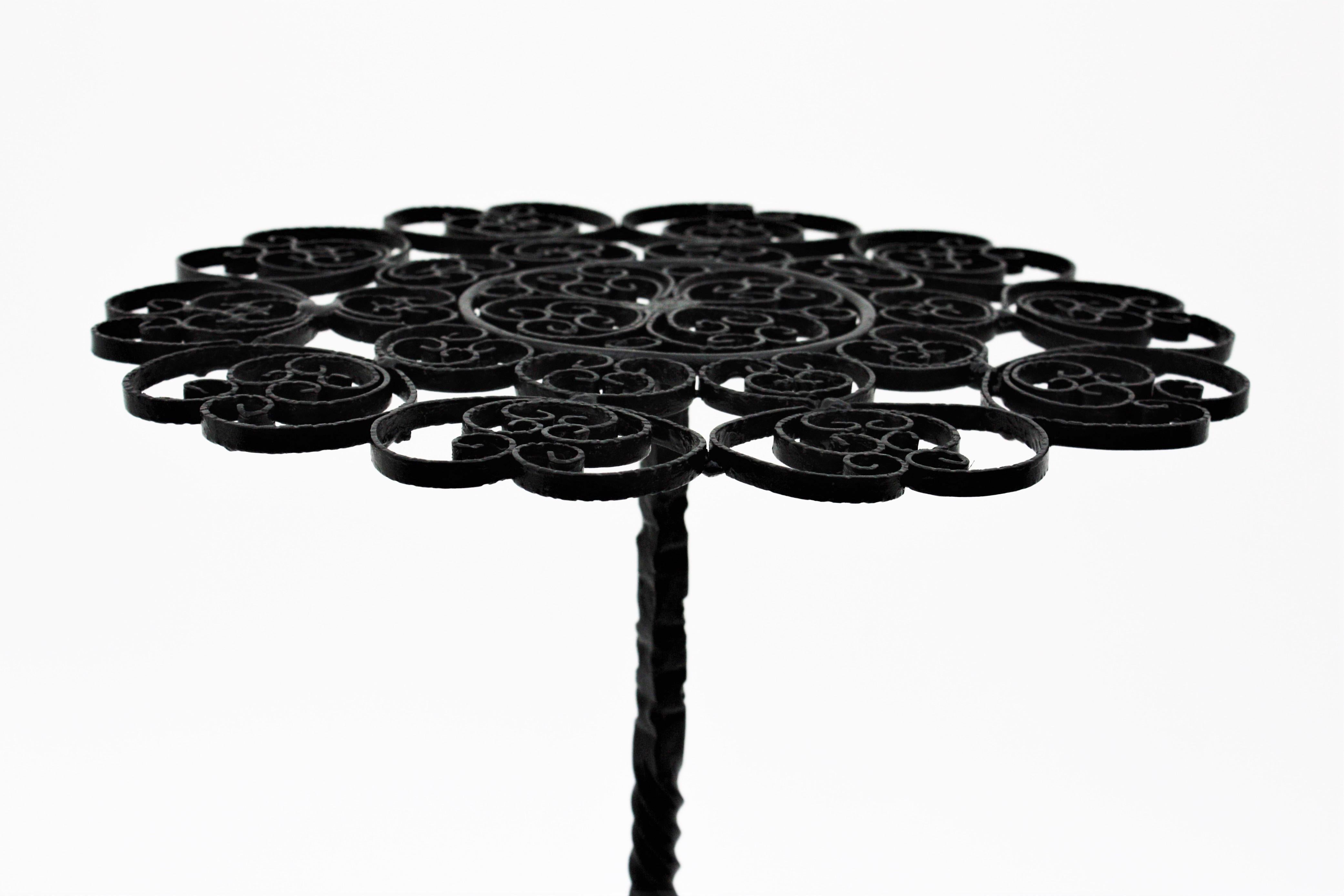Black Wrought Iron Pedestal Drinks Table with Scrollwork Top 6