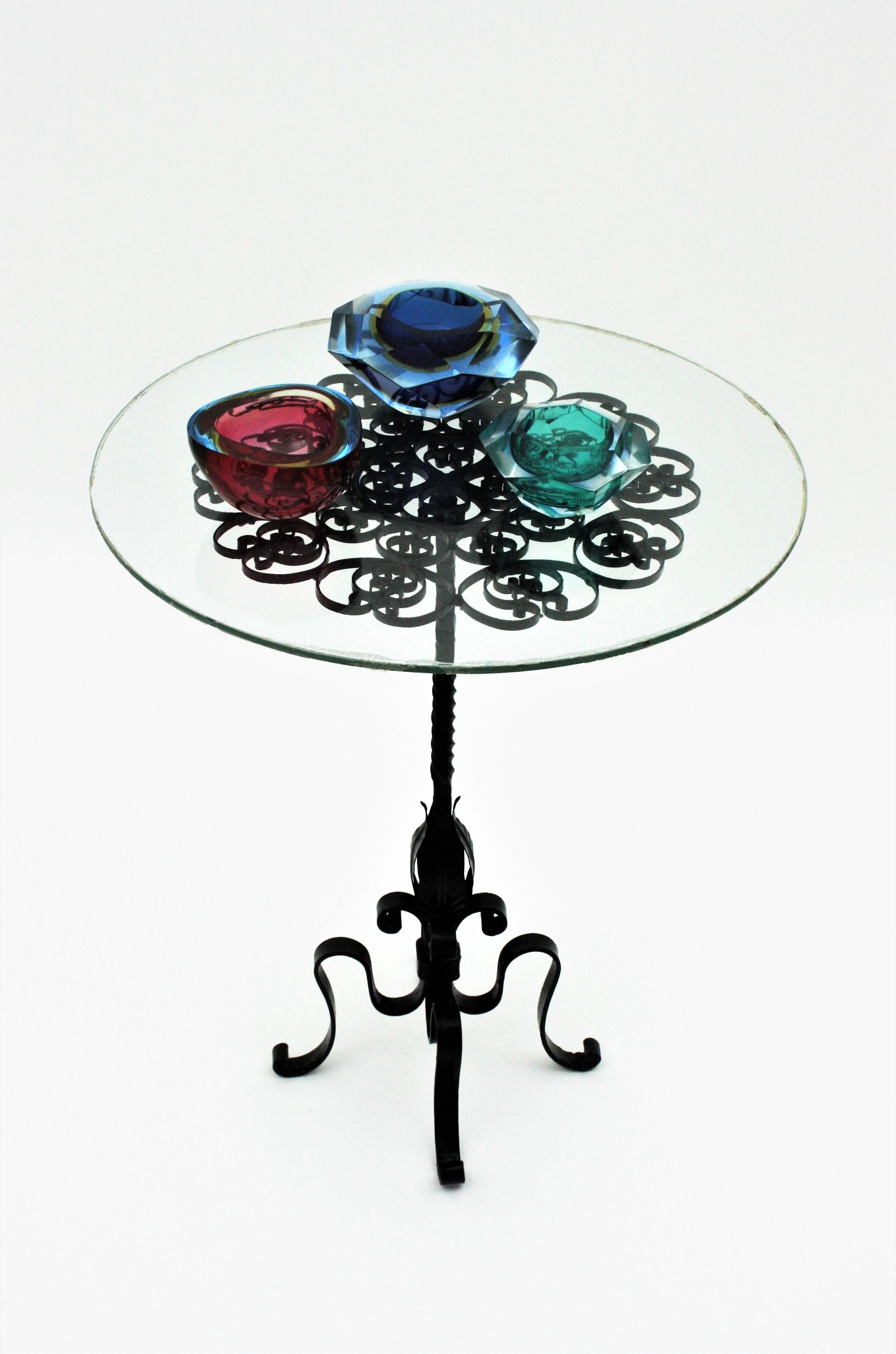 Black Wrought Iron Pedestal Drinks Table with Scrollwork Top 9