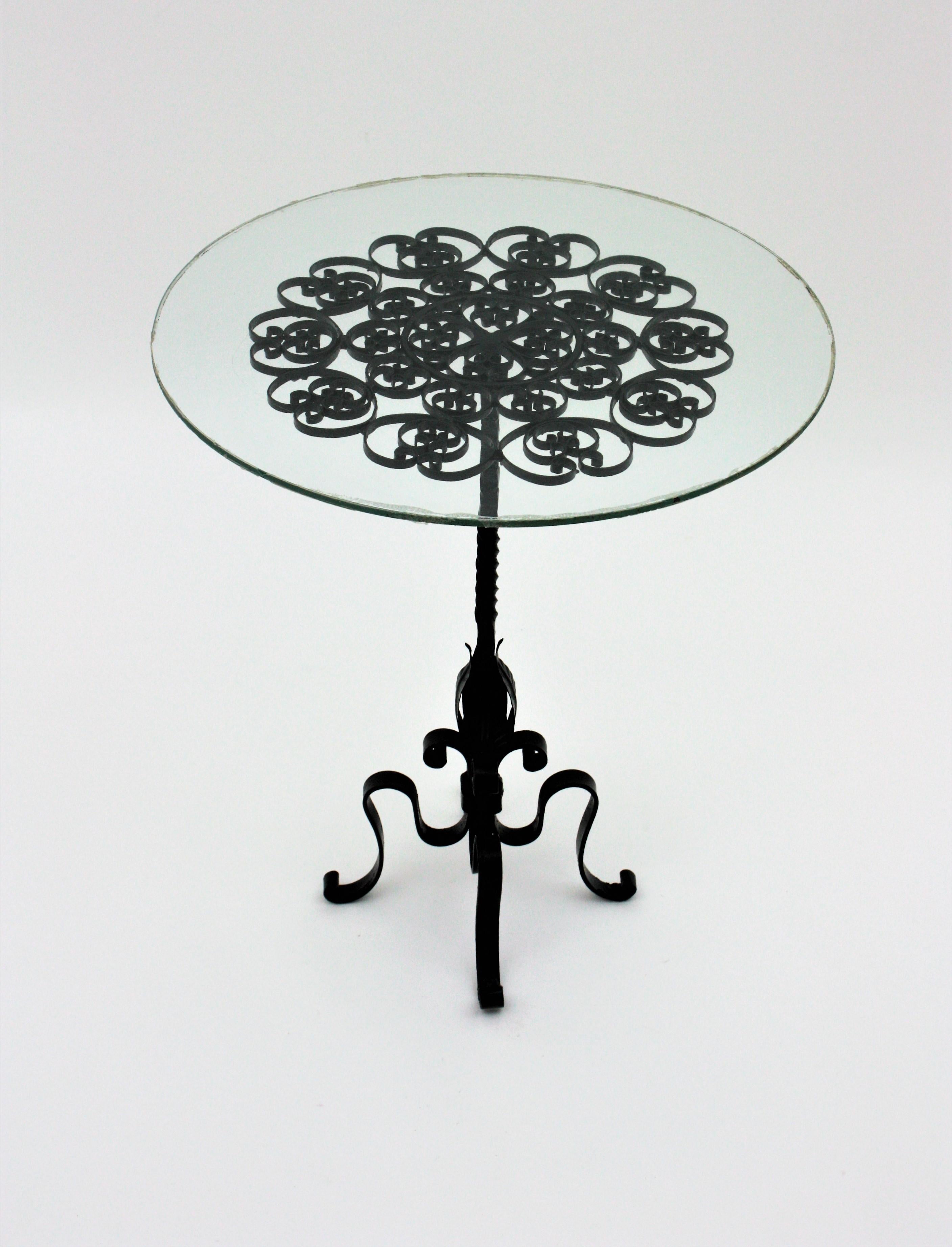 Mid-Century Modern Black Wrought Iron Pedestal Drinks Table with Scrollwork Top
