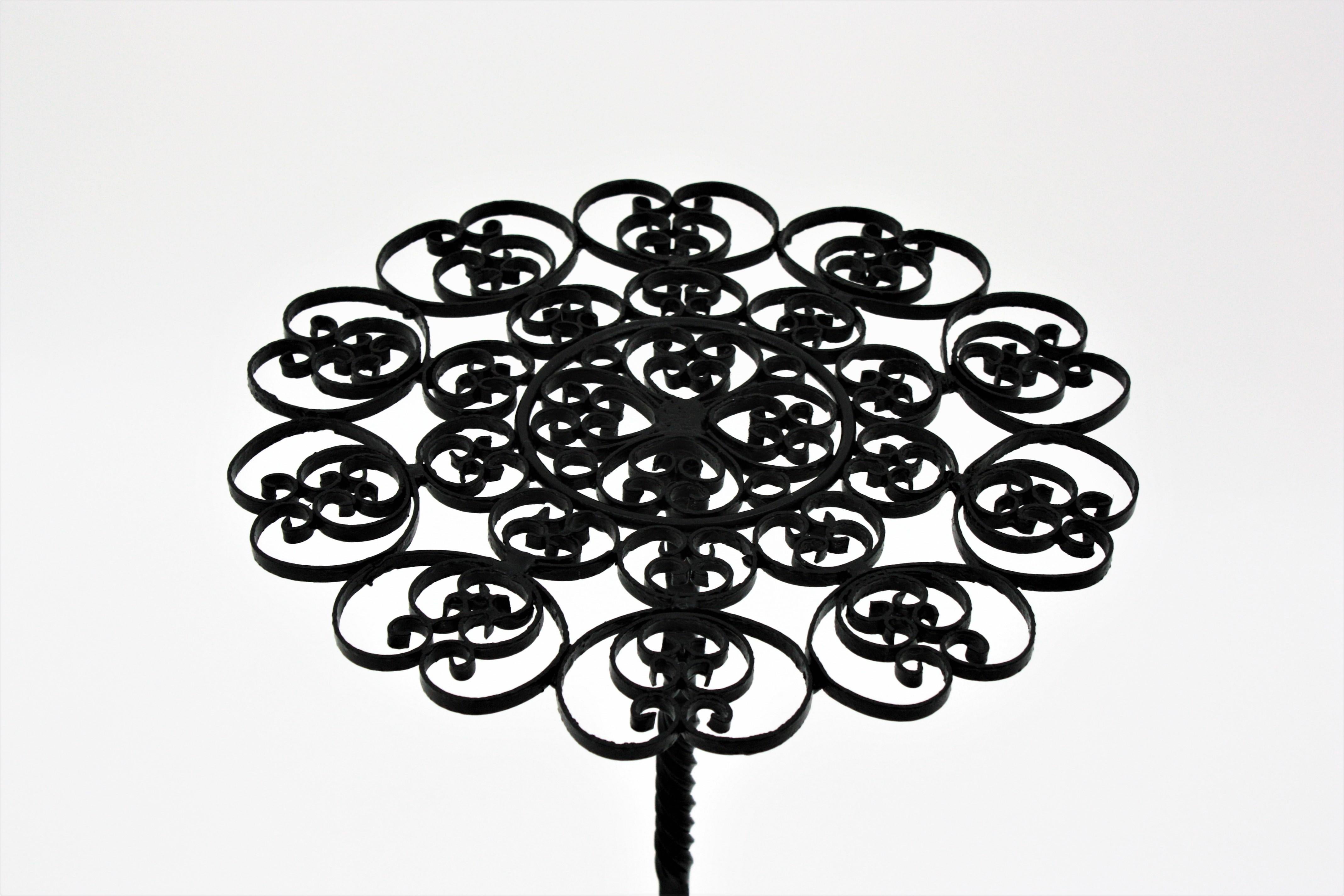 Spanish Black Wrought Iron Pedestal Drinks Table with Scrollwork Top