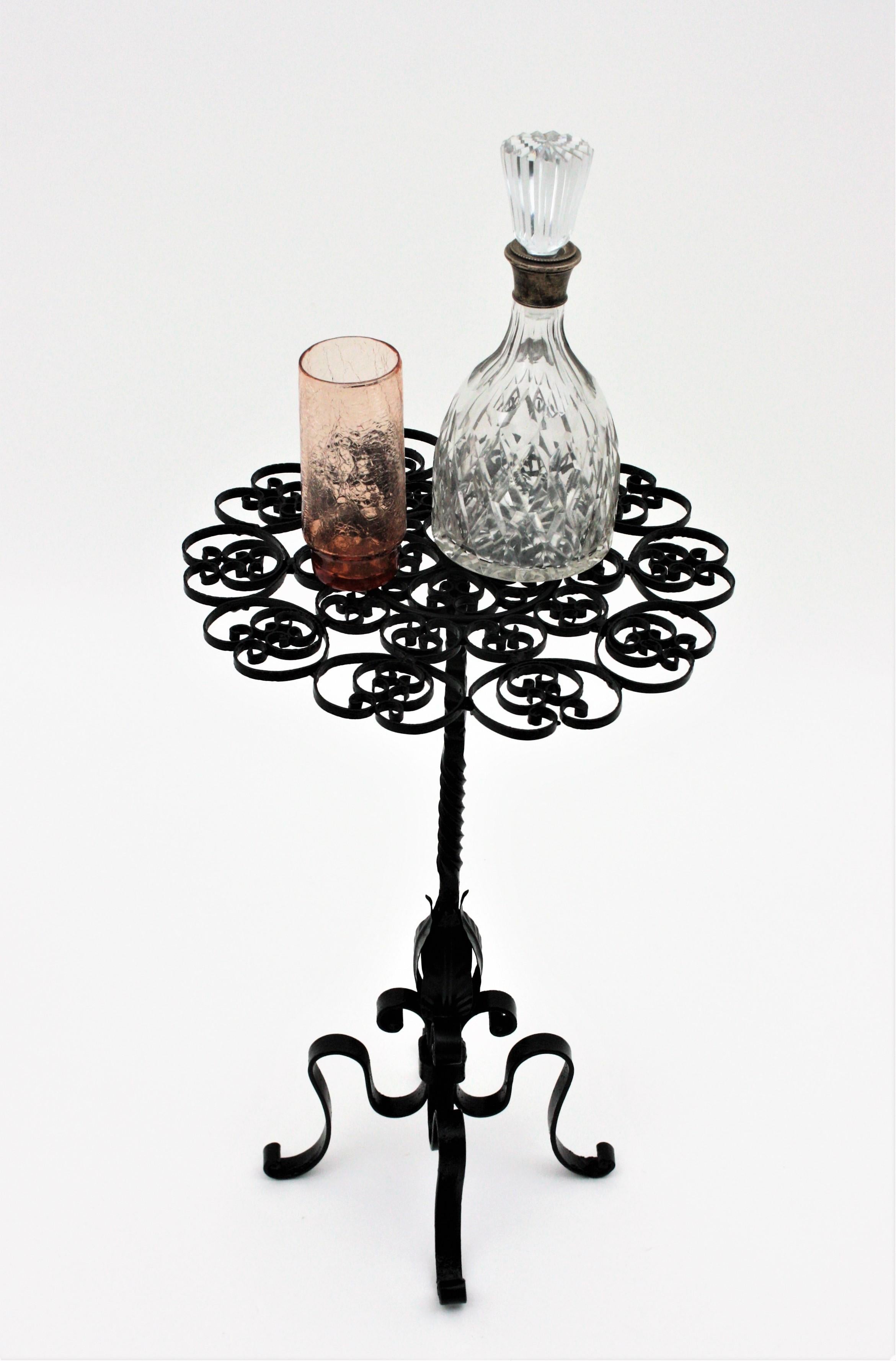 20th Century Black Wrought Iron Pedestal Drinks Table with Scrollwork Top