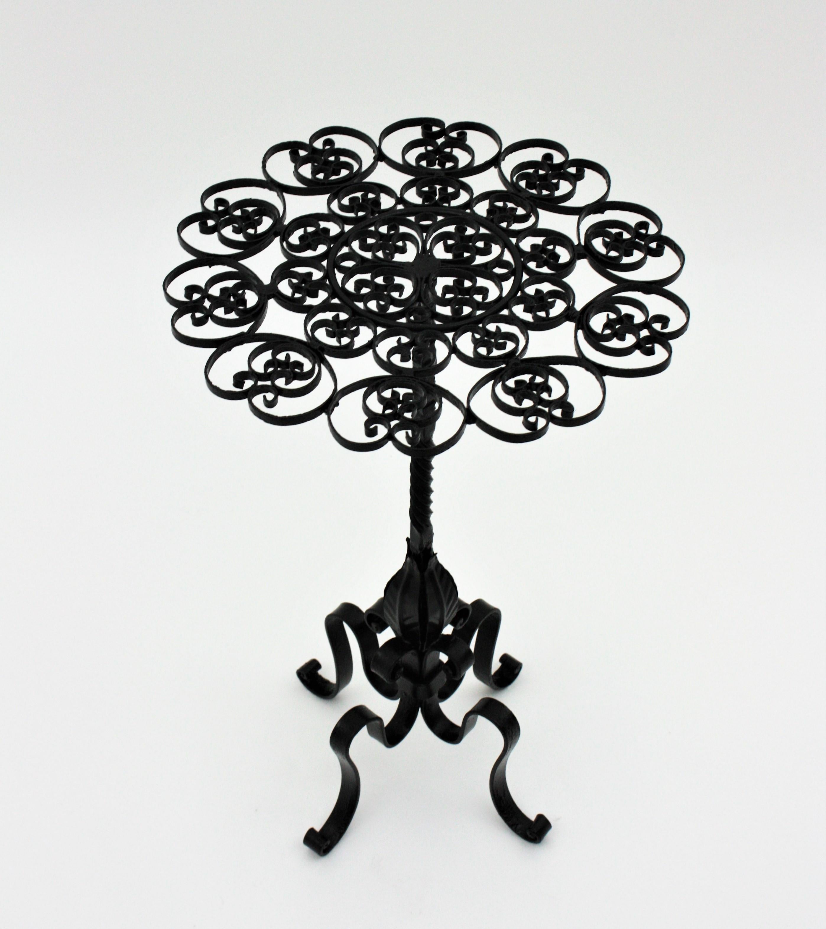 Black Wrought Iron Pedestal Drinks Table with Scrollwork Top 1