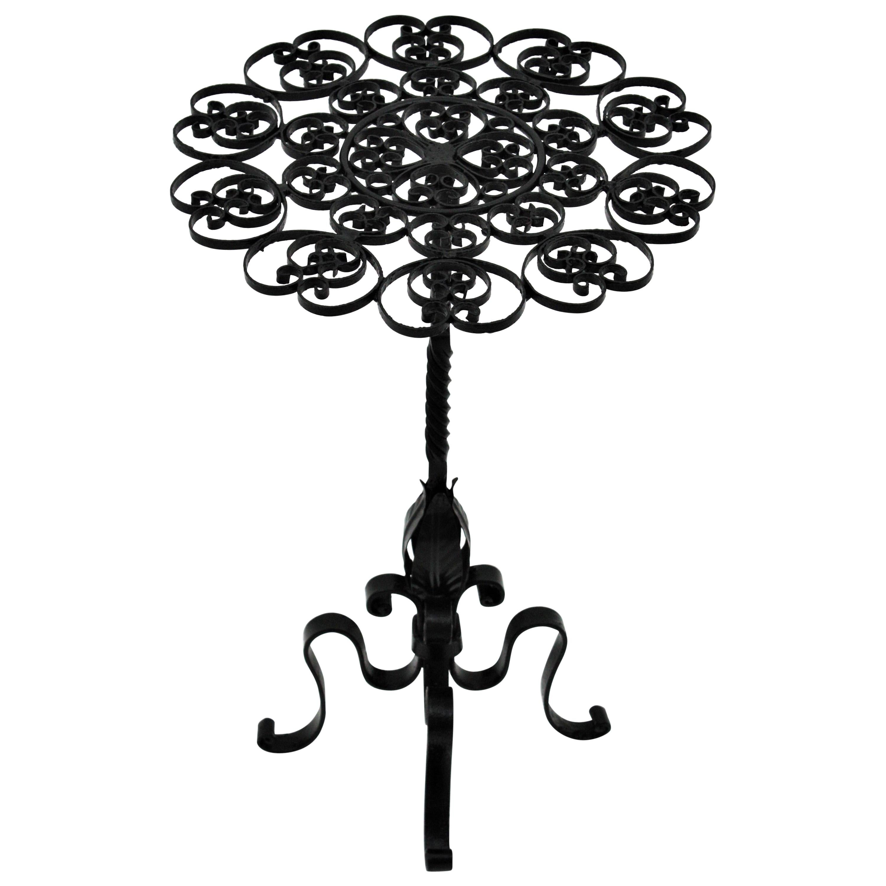 Black Wrought Iron Pedestal Drinks Table with Scrollwork Top