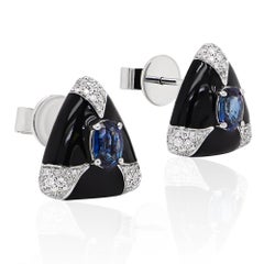 ''BLACK X WHITE'' Enamel Vivid Blue Sapphire Stud Designer Earring 18K