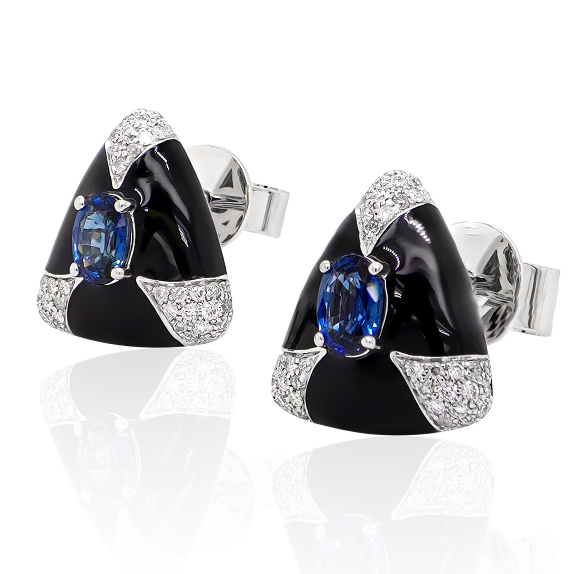 Oval Cut ''BLACK X WHITE'' Enamel Vivid Blue Sapphire Stud Designer Earring 18K For Sale
