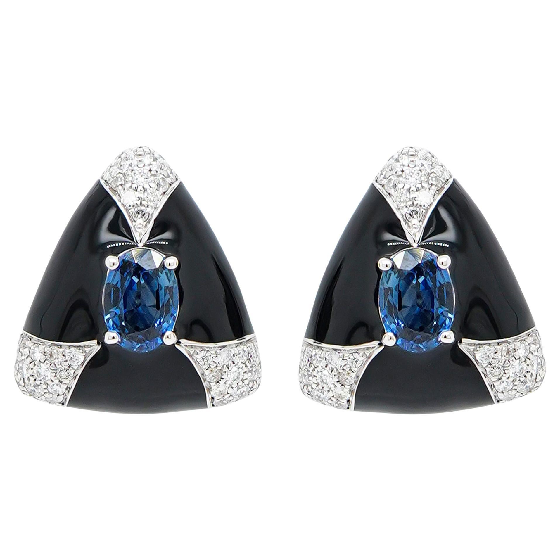 ''BLACK X WHITE'' Enamel Vivid Blue Sapphire Stud Designer Earring 18K For Sale