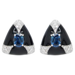 Used ''BLACK X WHITE'' Enamel Vivid Blue Sapphire Stud Designer Earring 18K