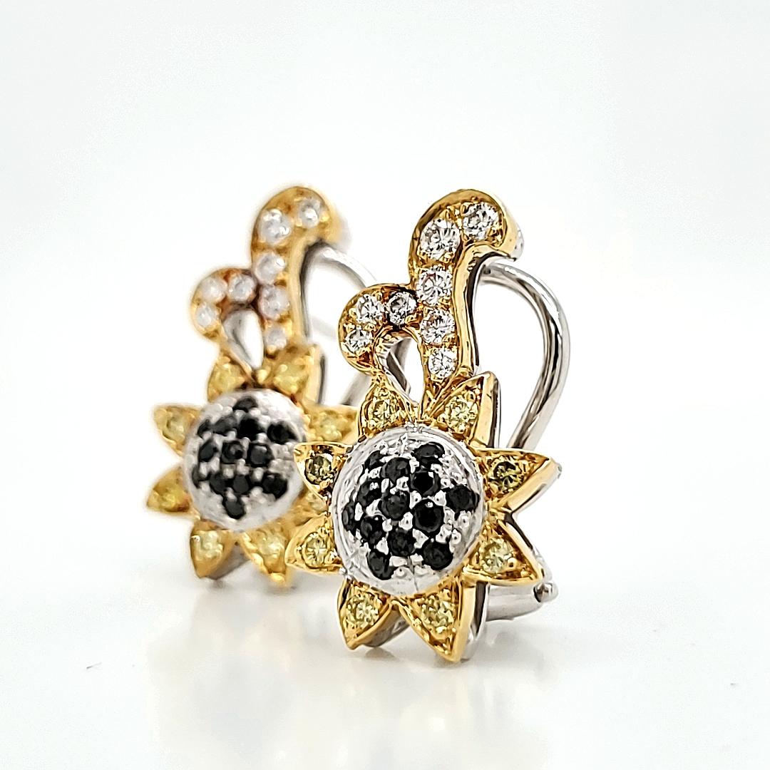 Round Cut Black, Yellow And White Diamond Ctw 0.84 Floral Earrings For Sale