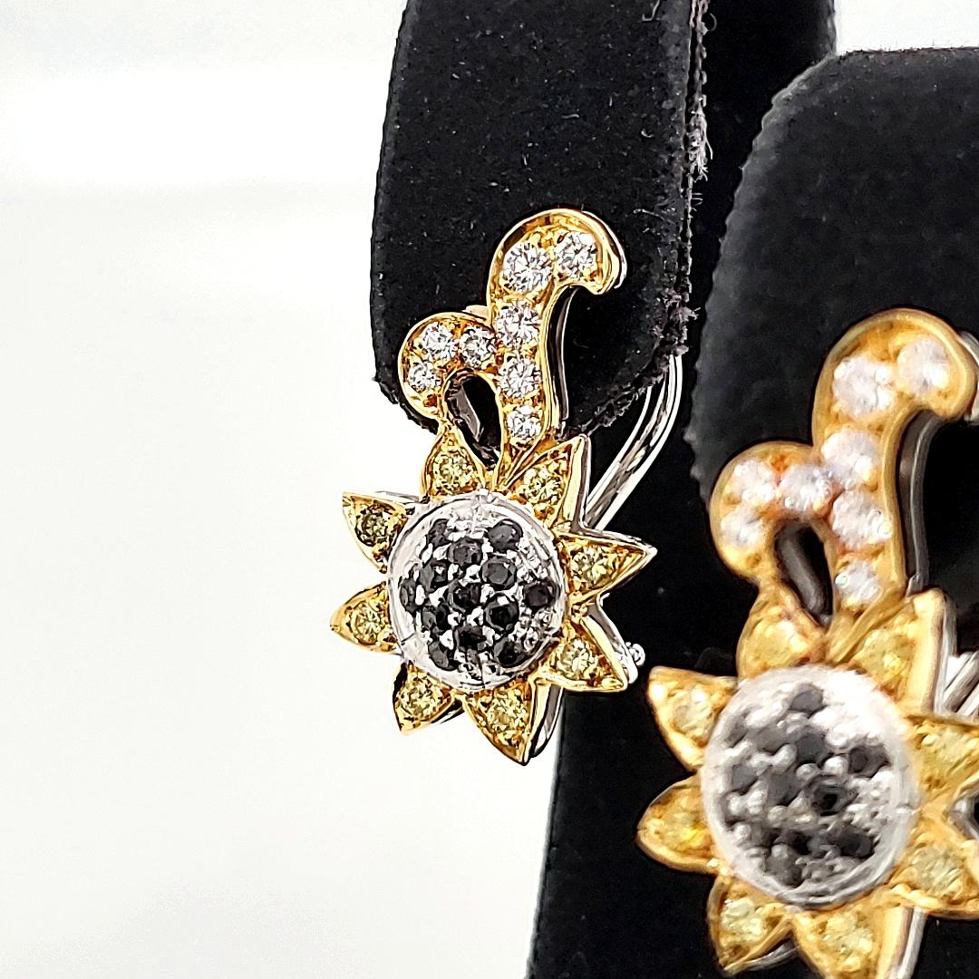 Black, Yellow And White Diamond Ctw 0.84 Floral Earrings In New Condition For Sale In Hong Kong, HK