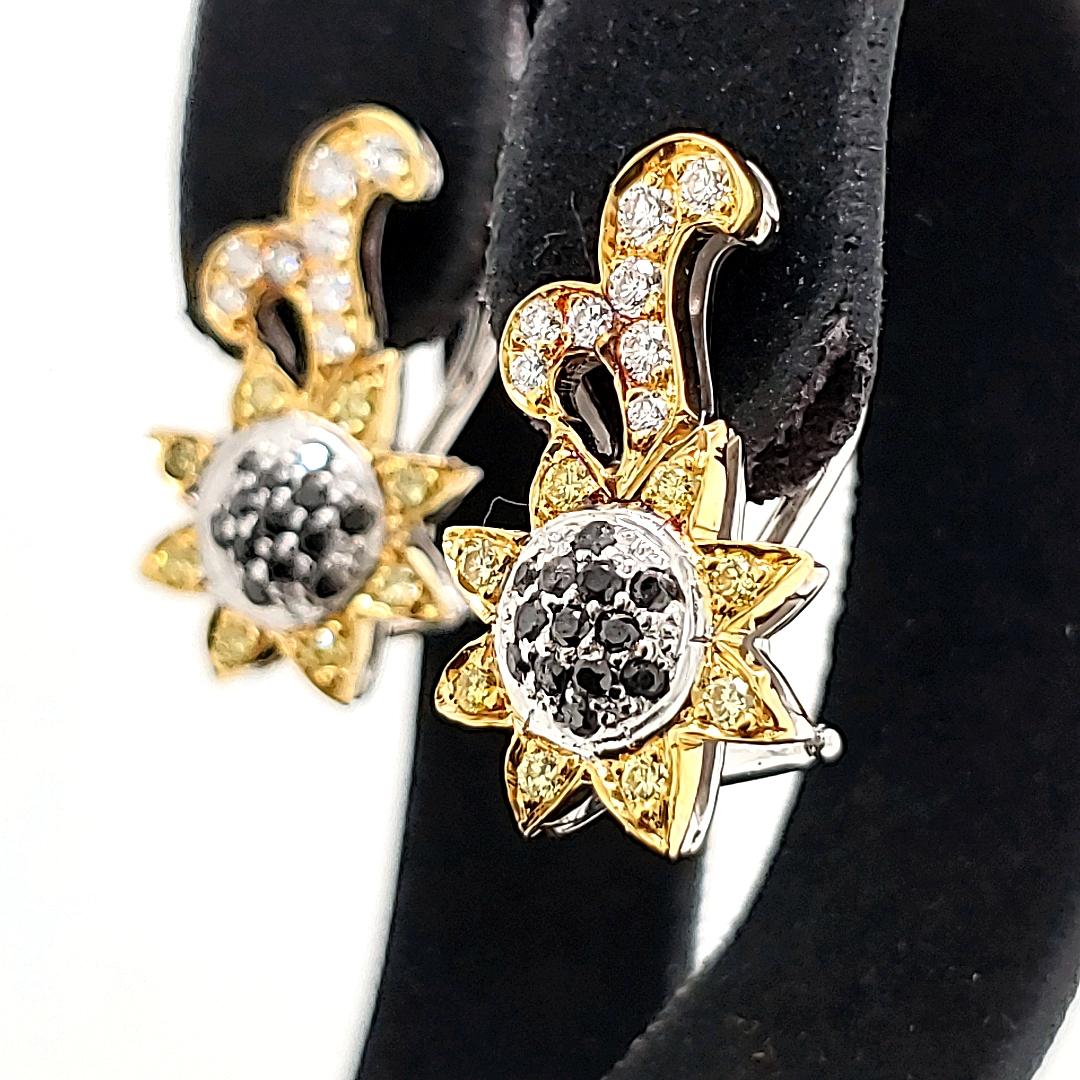Women's Black, Yellow And White Diamond Ctw 0.84 Floral Earrings For Sale