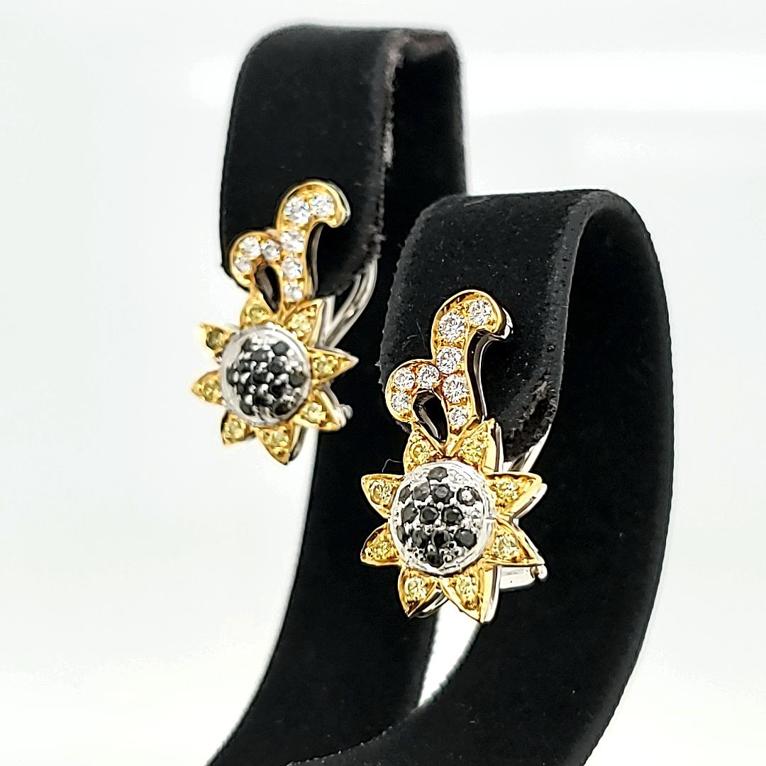 Black, Yellow And White Diamond Ctw 0.84 Floral Earrings For Sale 2